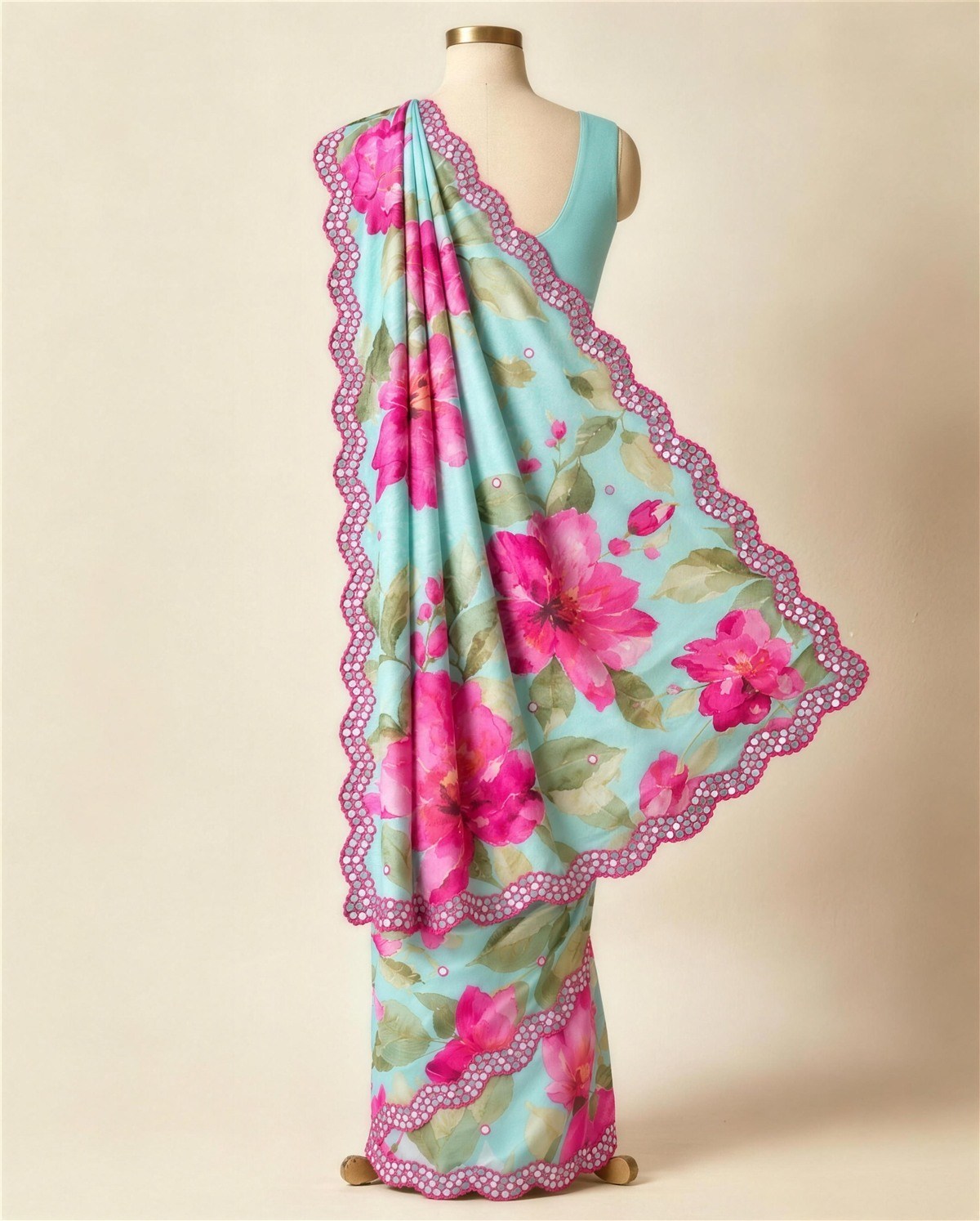 Aqua Watercolour Floral Saree, Back