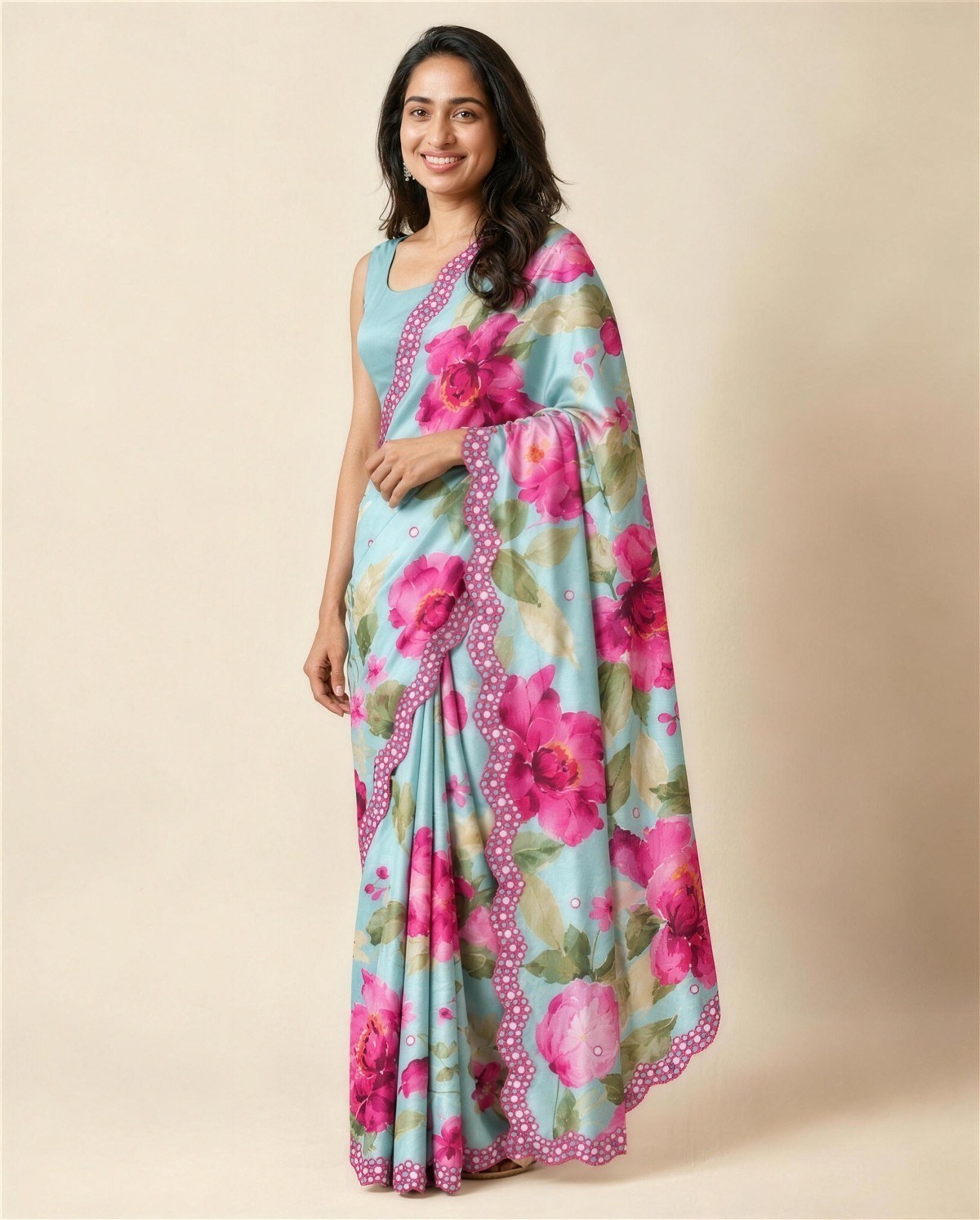 Aqua Watercolour Floral Saree, On model