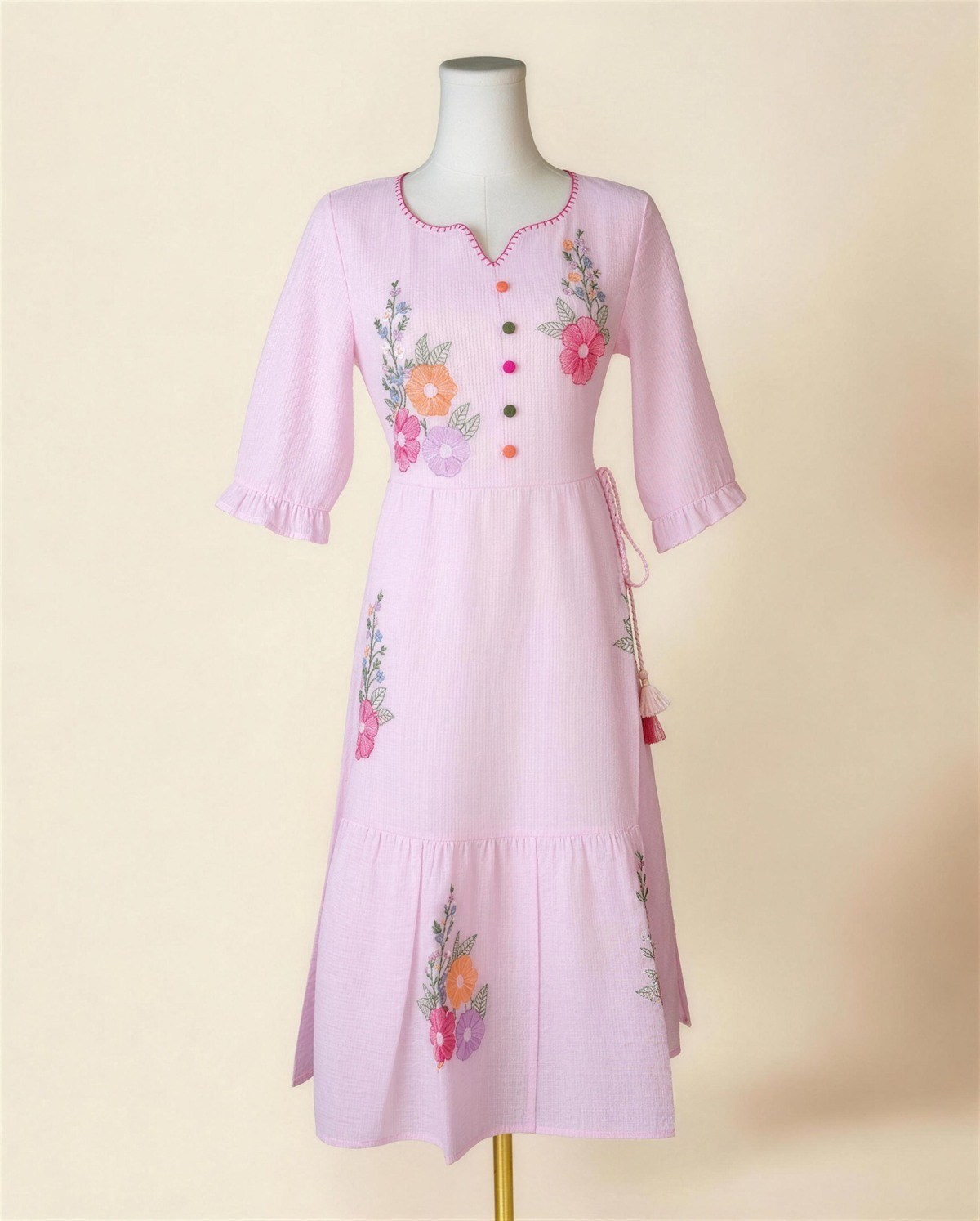 Baby Pink Embroidered Knee-Length Dress