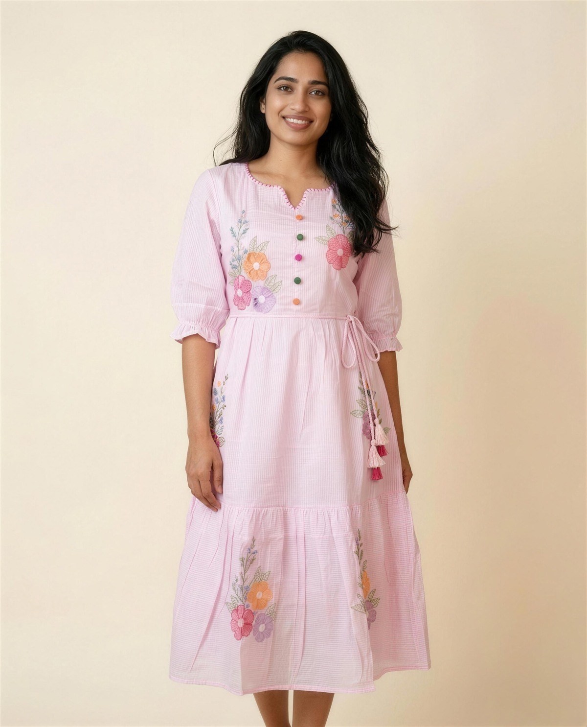 Baby Pink Embroidered Knee-Length Dress, On model