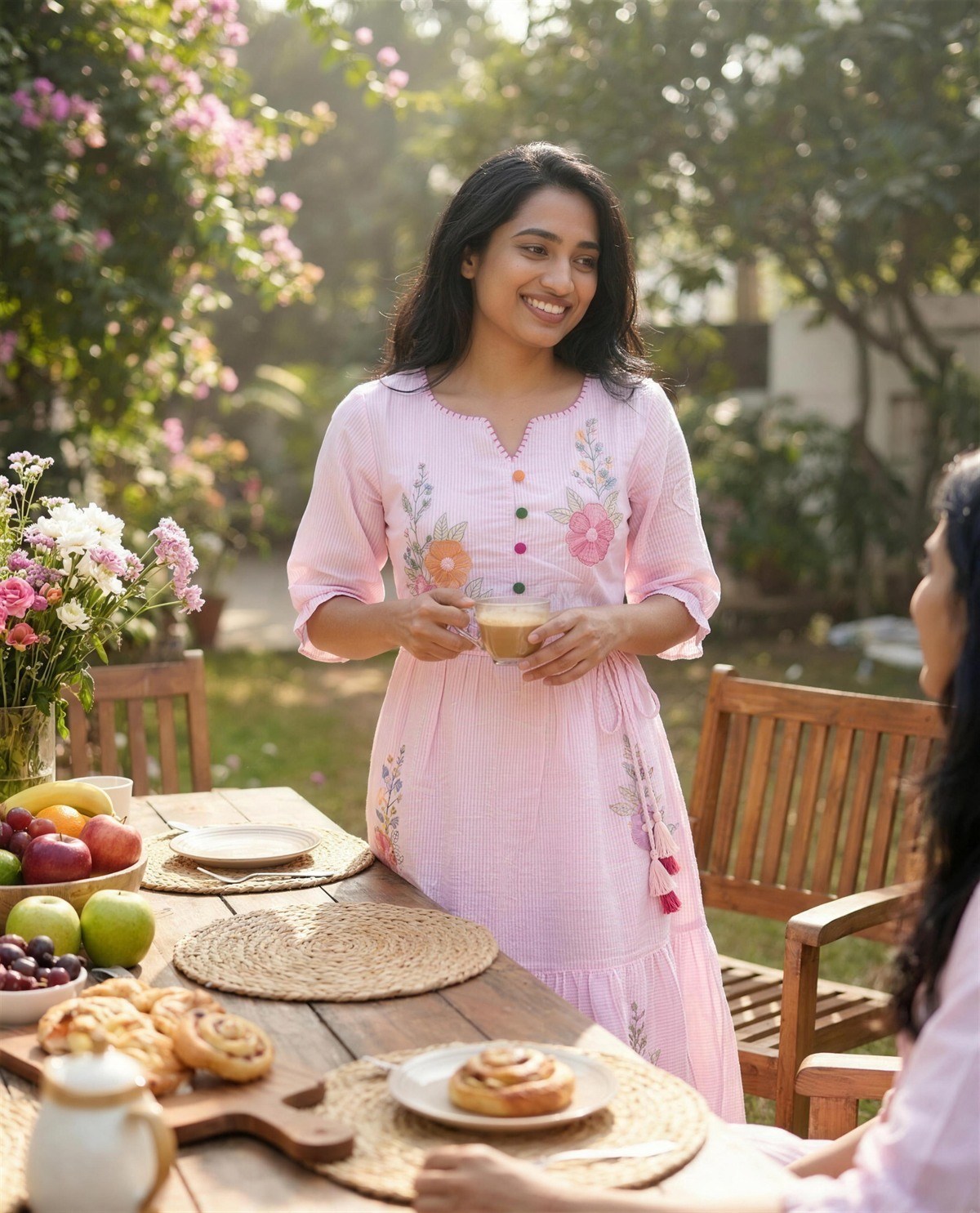 Baby Pink Embroidered Knee-Length Dress, Styled