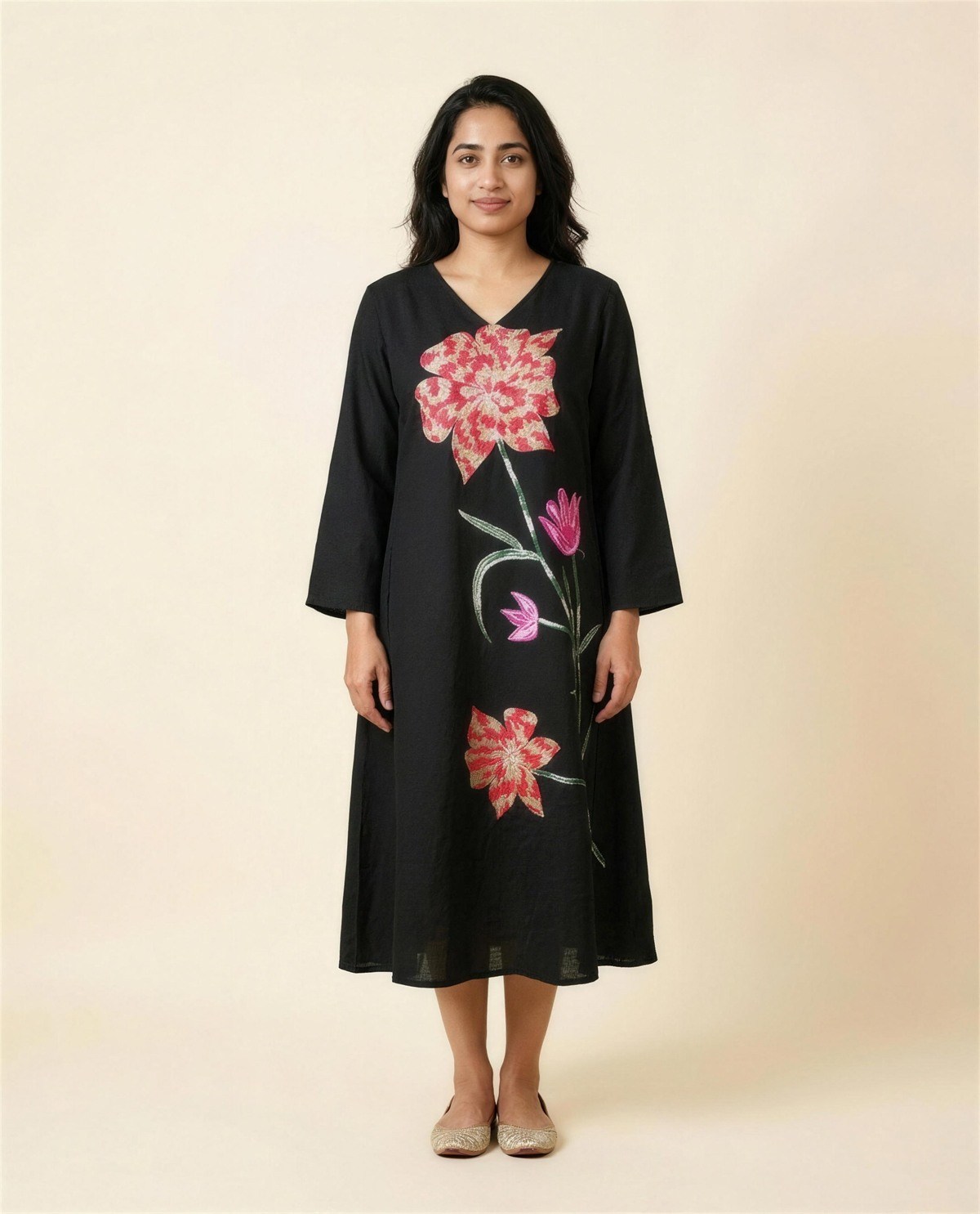 Black Embroidered A-Line Dress, On model