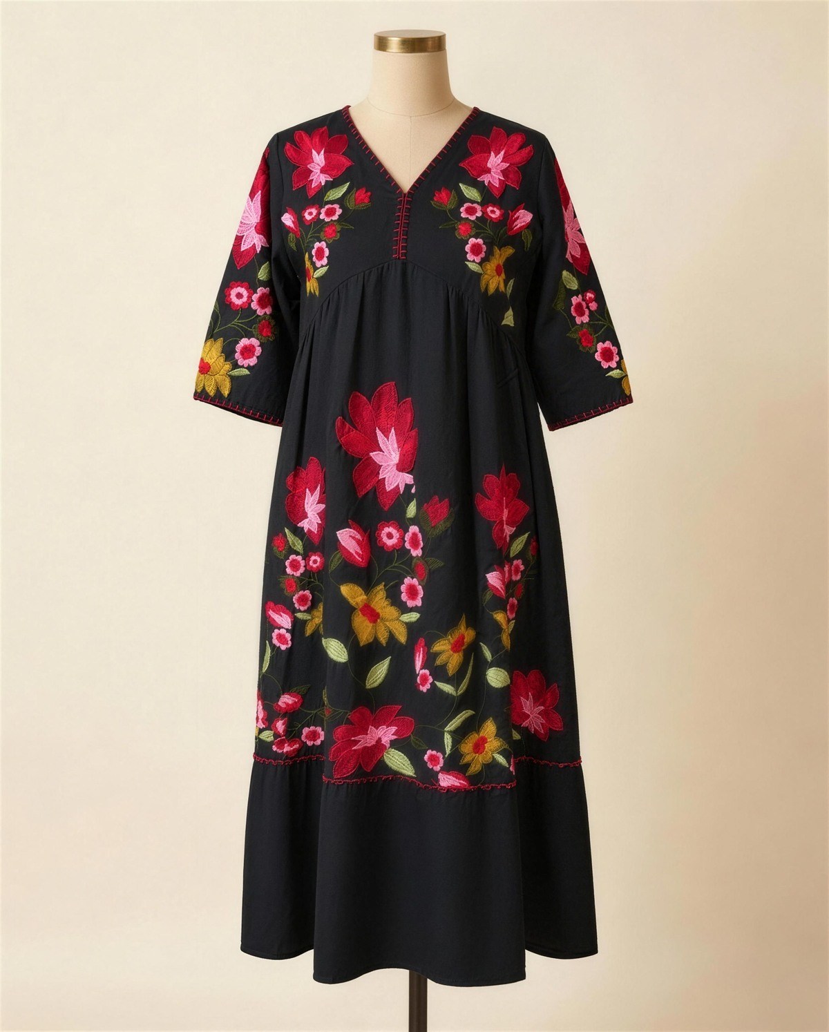 Black Embroidered Empire-Waist Tiered Dress