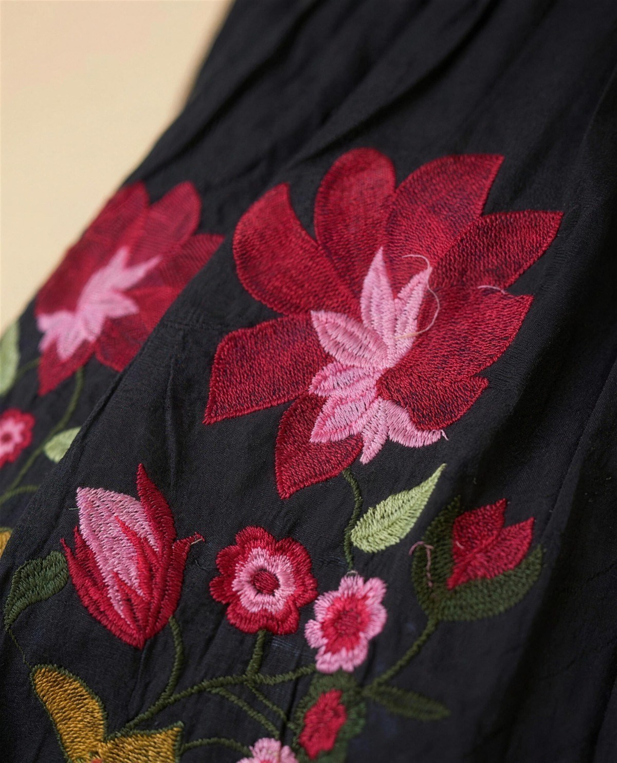 Black Embroidered Empire-Waist Tiered Dress, Detail