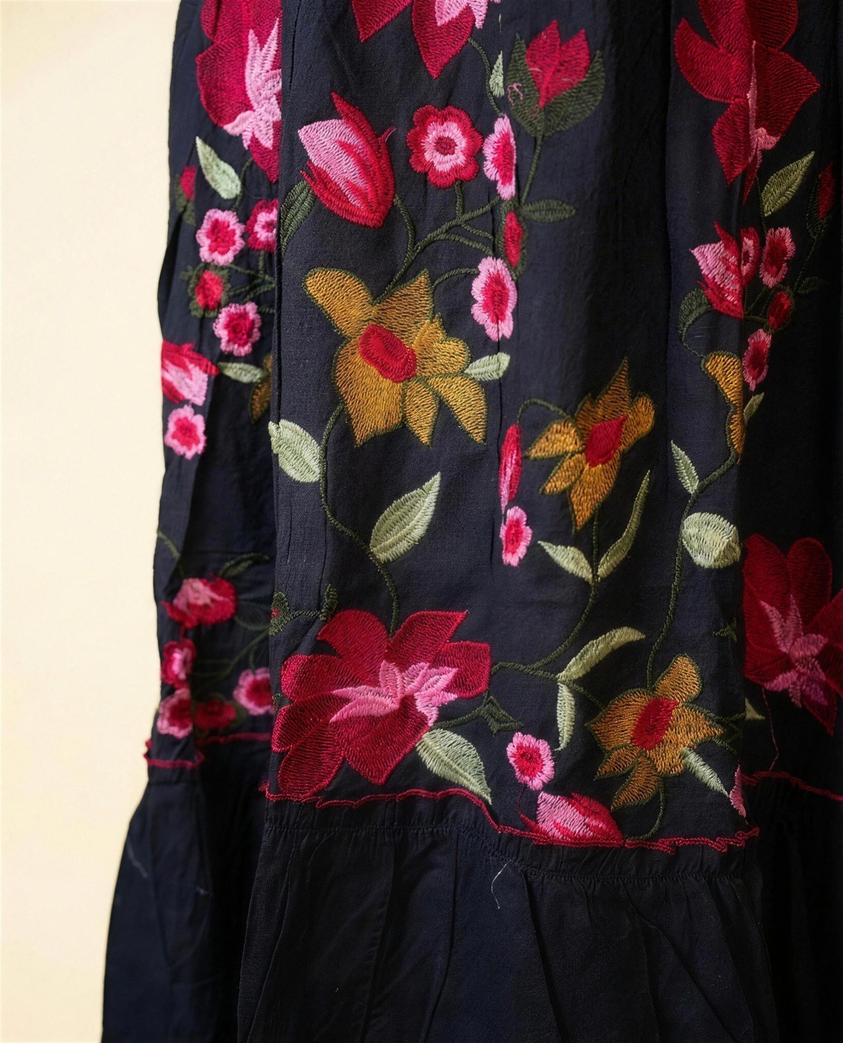 Black Embroidered Empire-Waist Tiered Dress, Detail