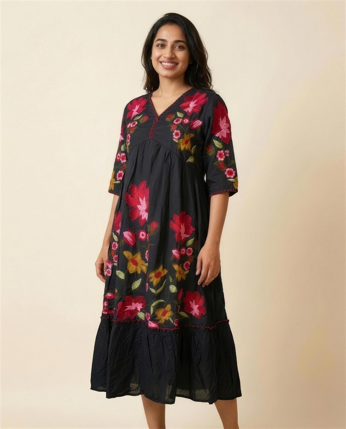 Black Embroidered Empire-Waist Tiered Dress, On model