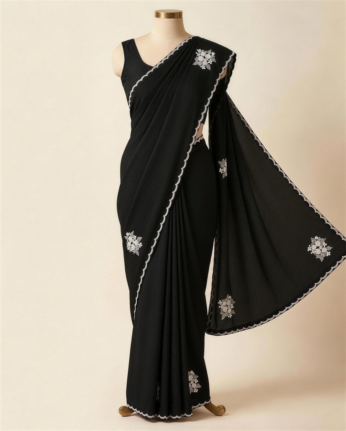 Black Satin Pearl Motif Saree