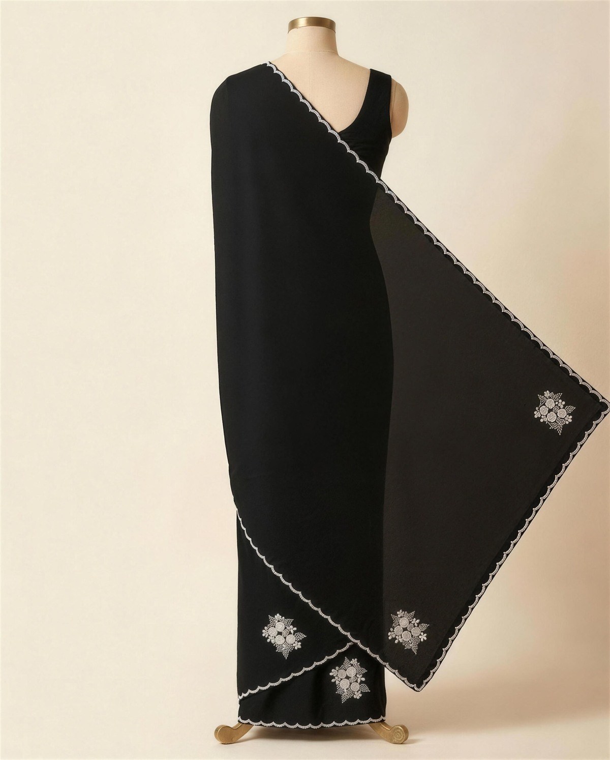 Black Satin Pearl Motif Saree, Back