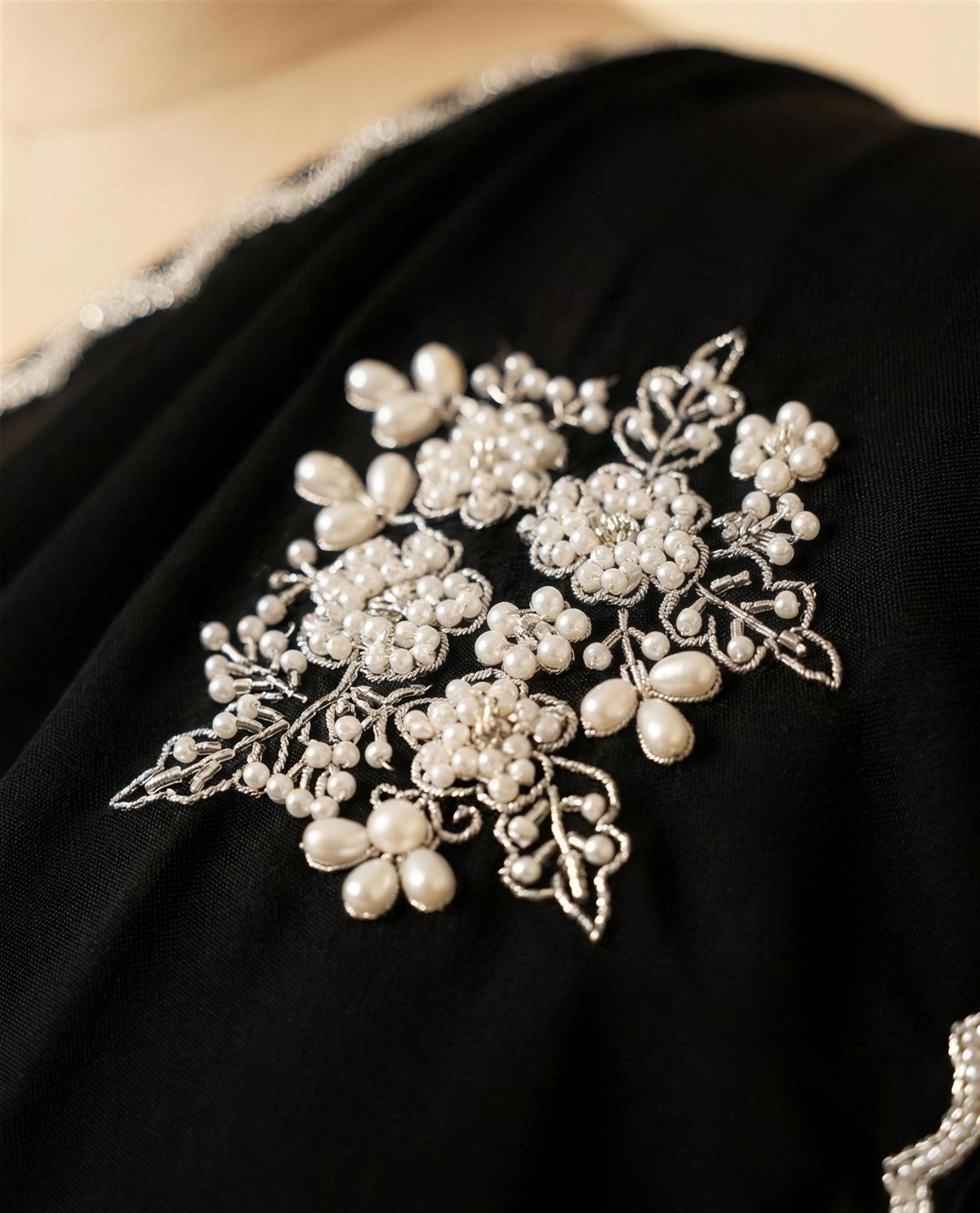 Black Satin Pearl Motif Saree, Detail