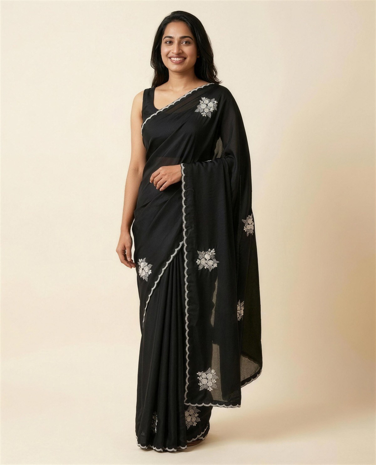 Black Satin Pearl Motif Saree, On model