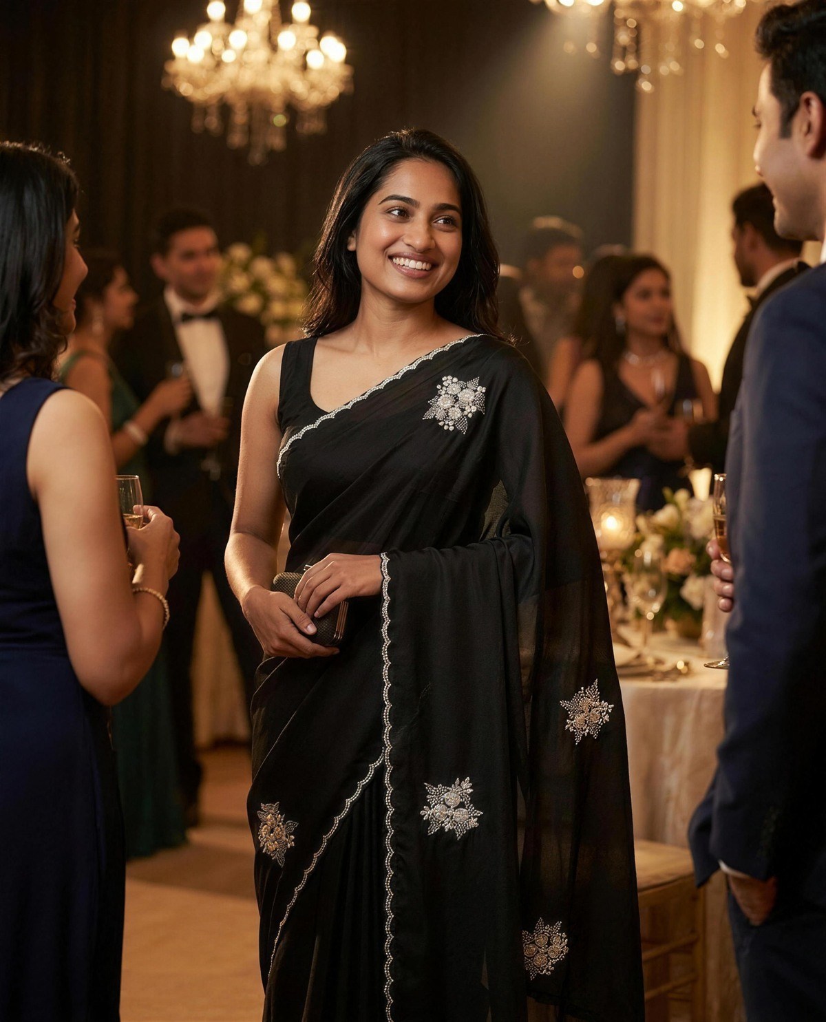 Black Satin Pearl Motif Saree, Styled