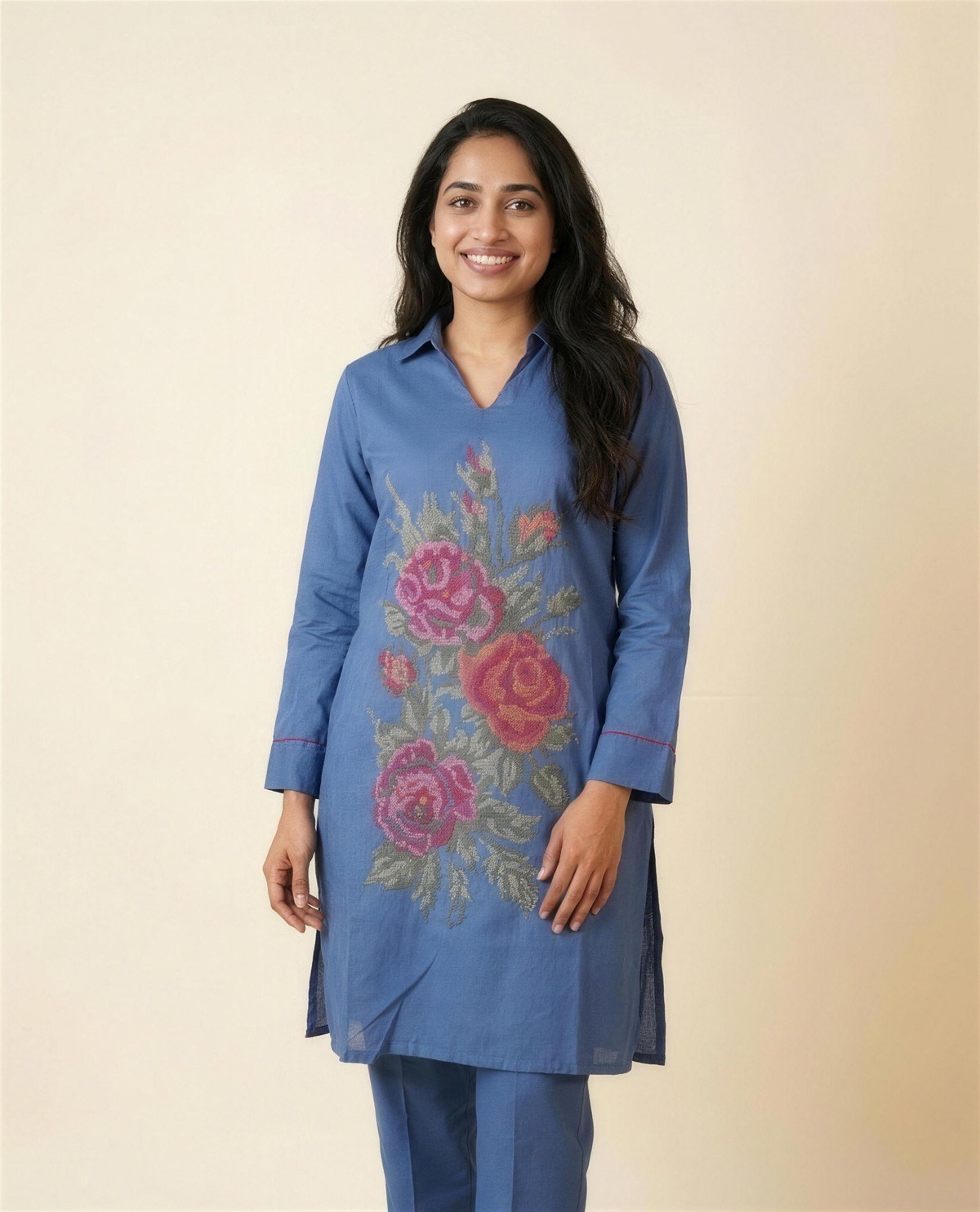 Blue Embroidered Co-Ord Set, On model