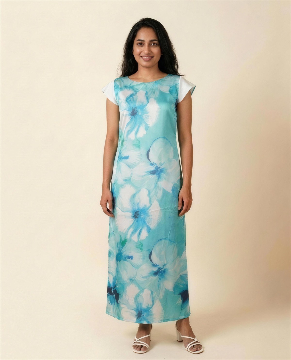 Blue Poppy Shift Dress, On model
