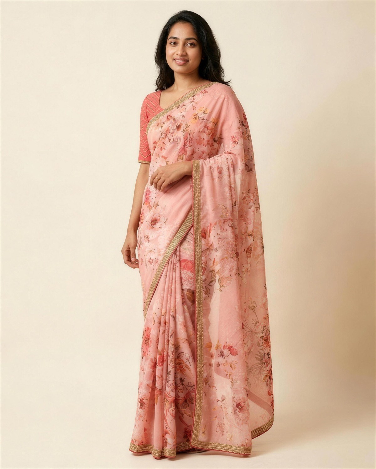 Blush Floral Print Saree, On model