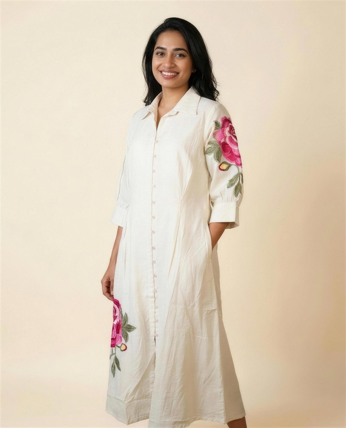Cotton Ivory A-Line Dress, On model