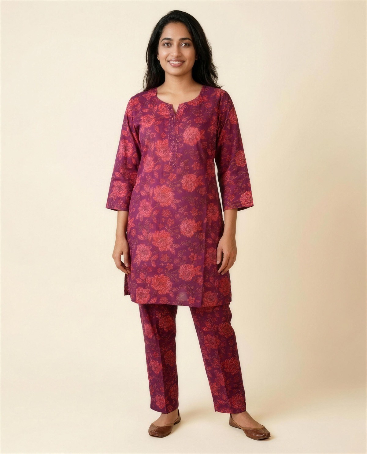 Cotton Printed Co-Ord Set - Magenta, On model