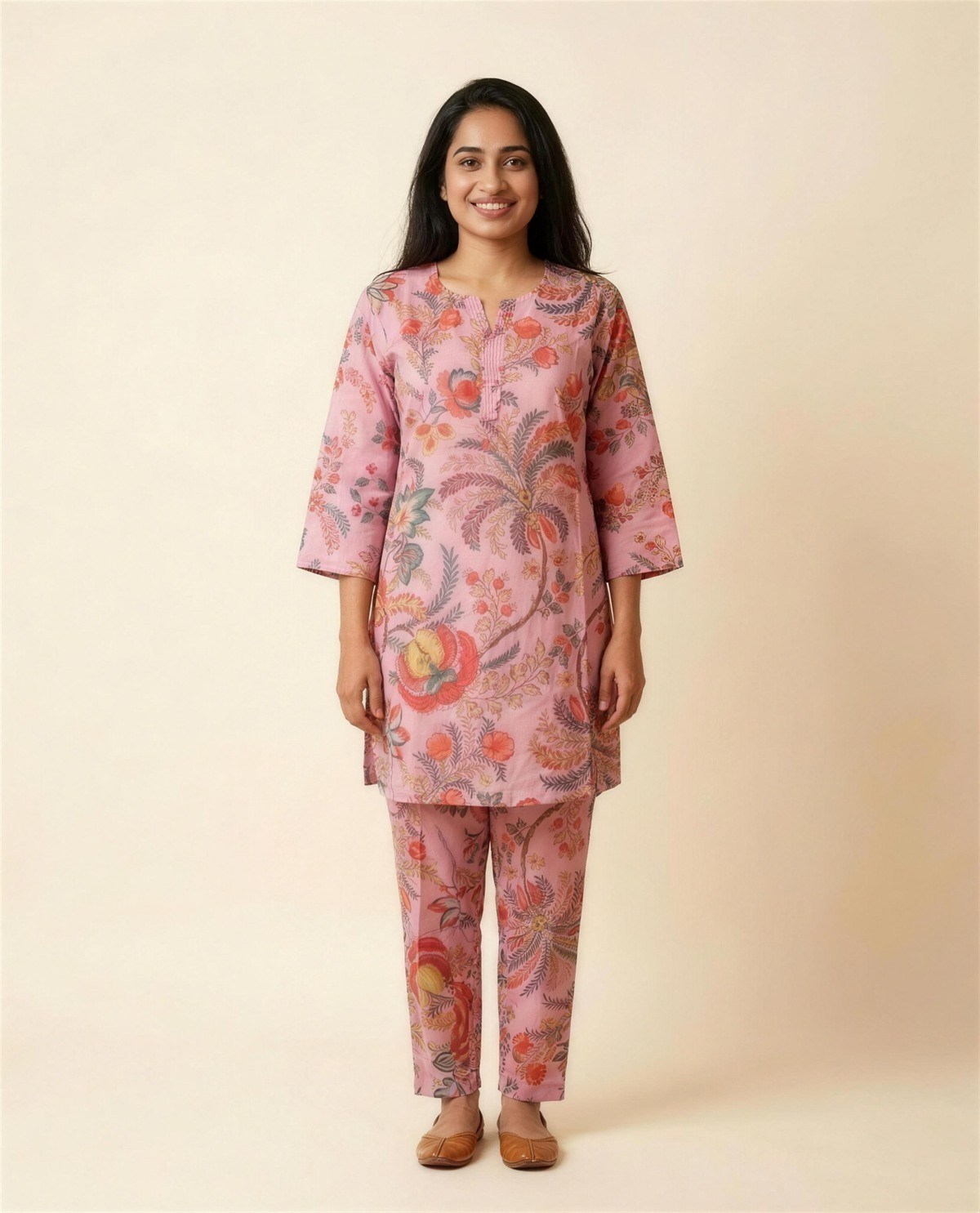 Cotton Printed Co-Ord Set - Rose, On model