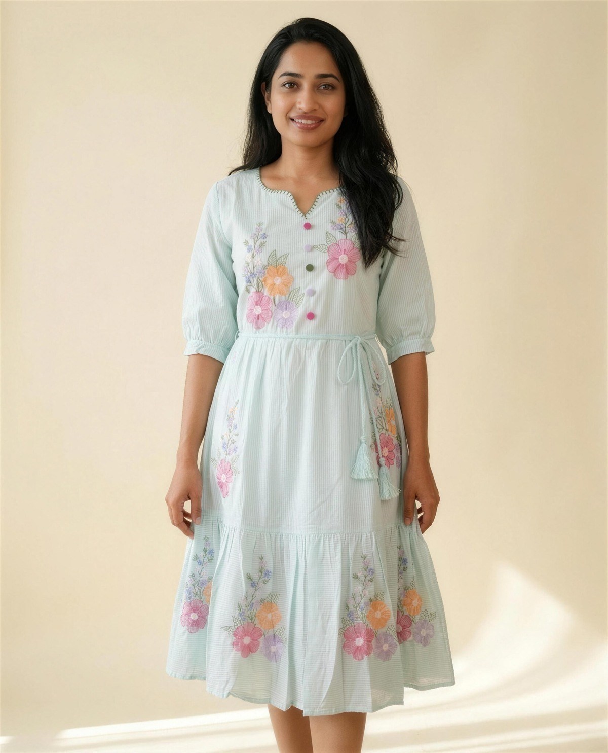 Cotton Sky Blue Embroidered Midi Dress, On model