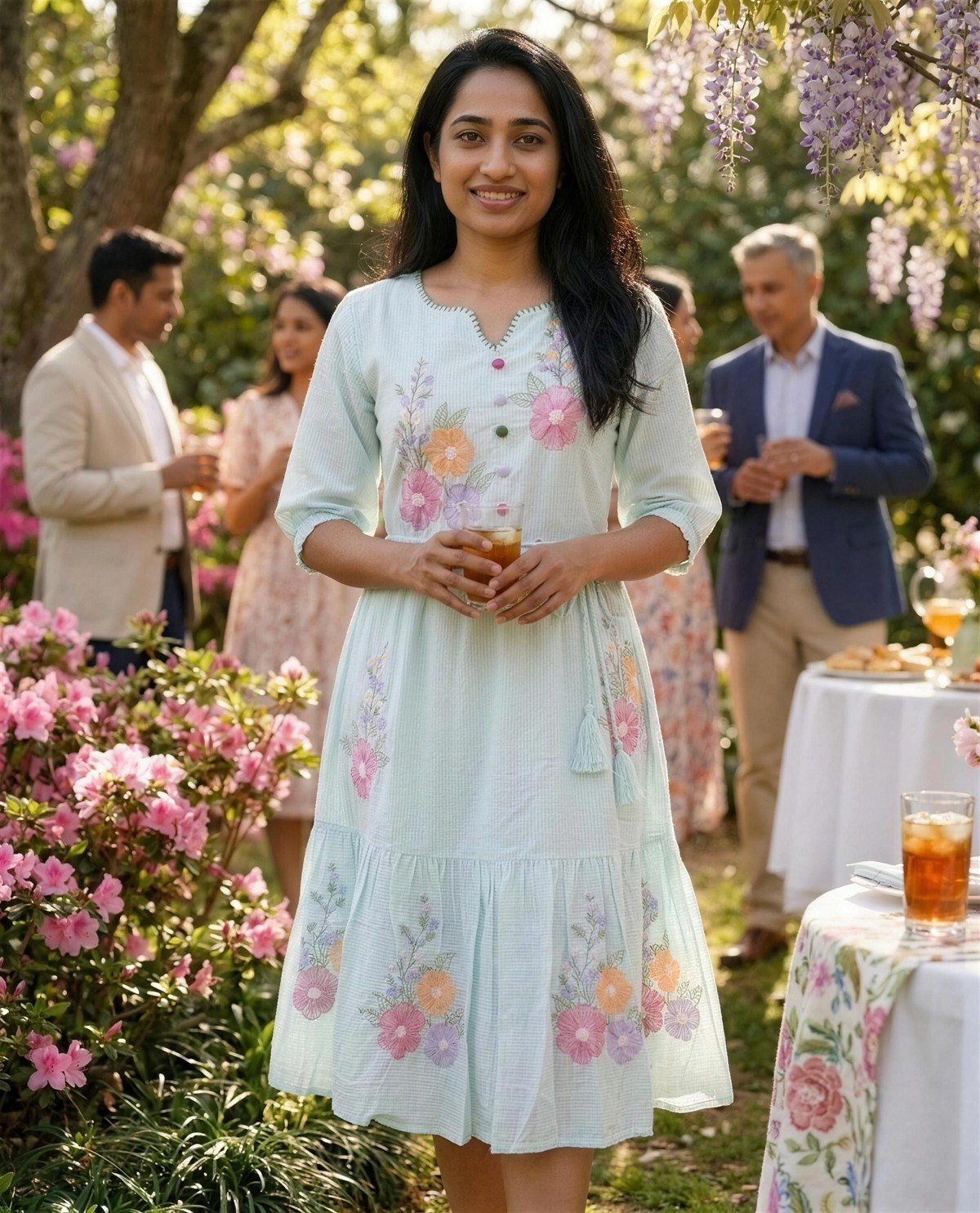 Cotton Sky Blue Embroidered Midi Dress, Styled