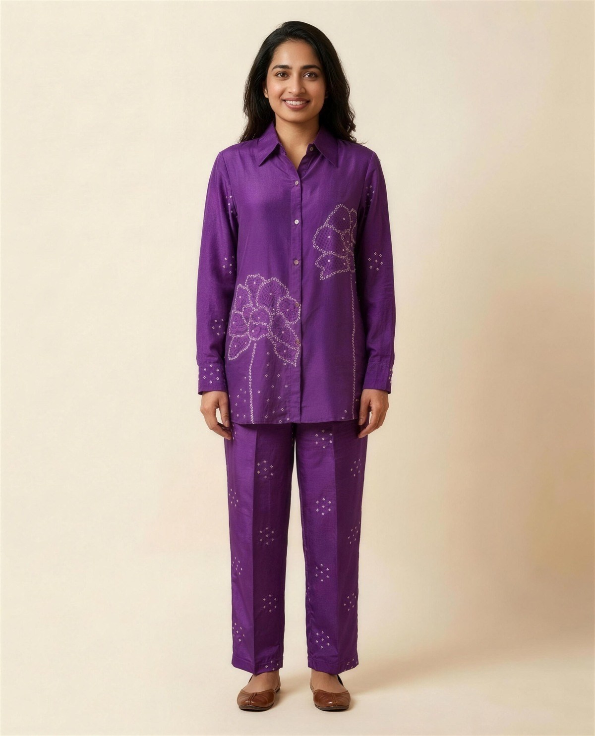 Crepe Silk Purple Co-Ord Set, On model