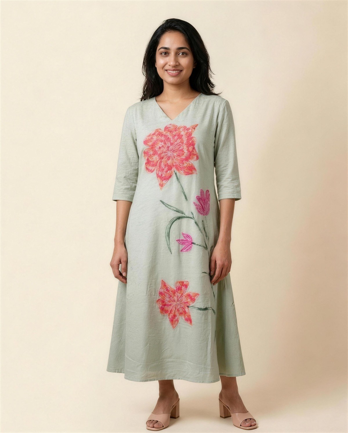 Green Embroidered A-Line Dress, On model
