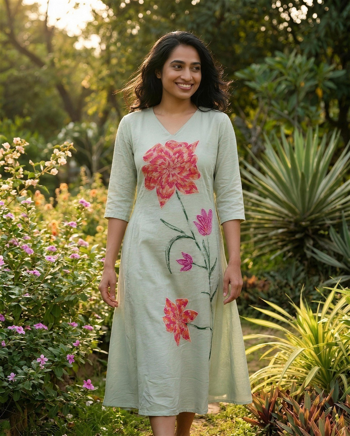 Green Embroidered A-Line Dress, Styled