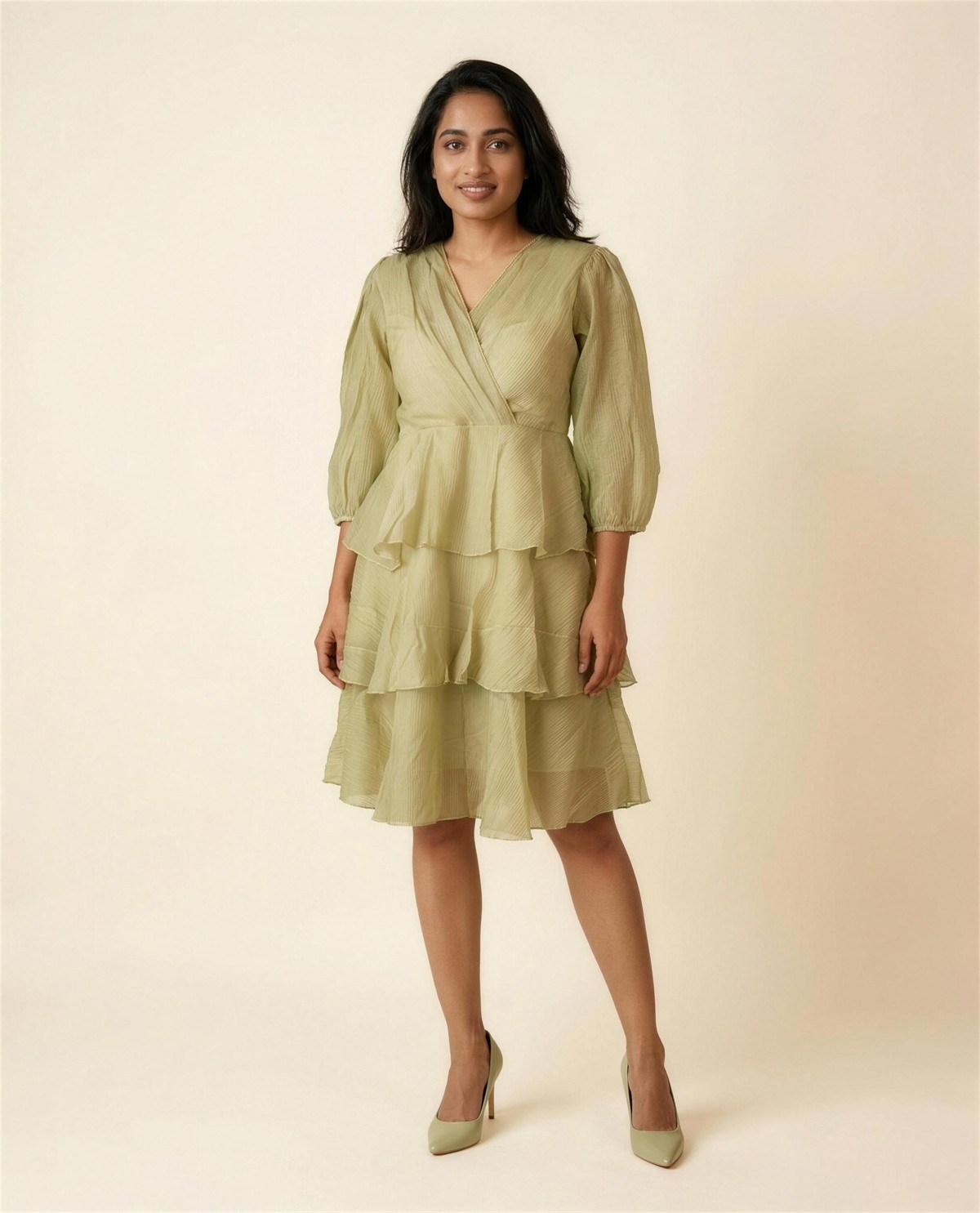 Green Layered Short Dress, On model