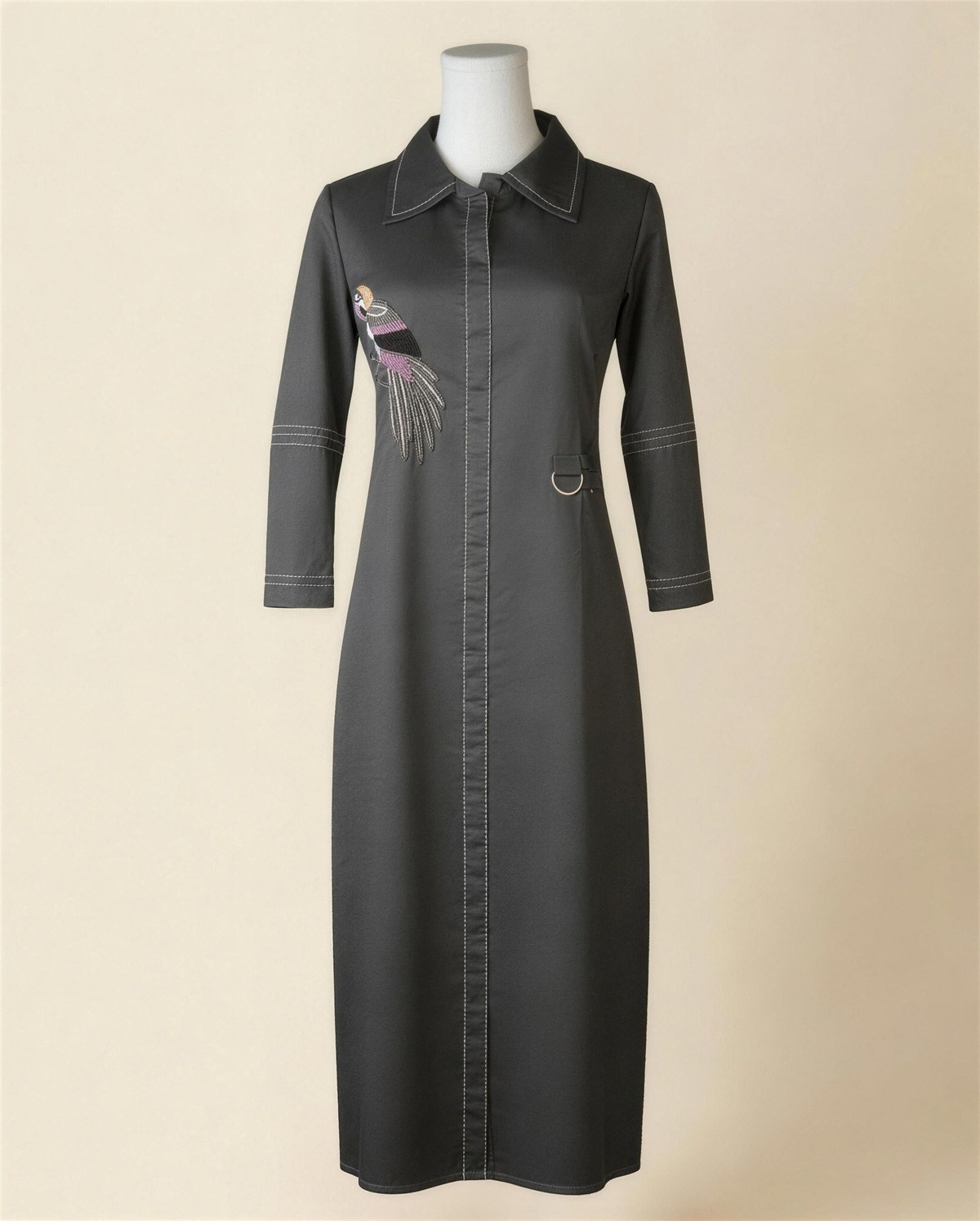 Grey Embroidered Shirt Dress