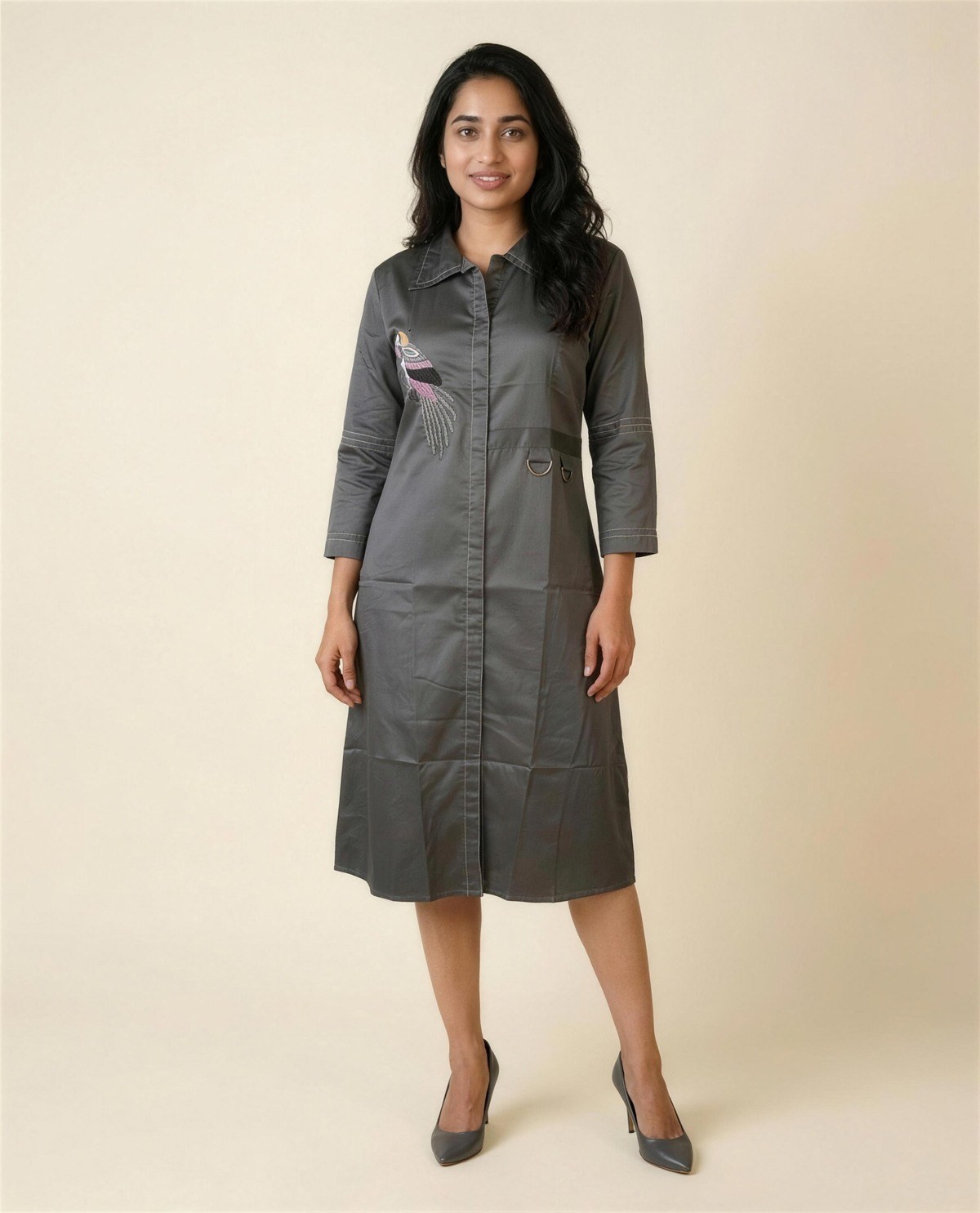 Grey Embroidered Shirt Dress, On model