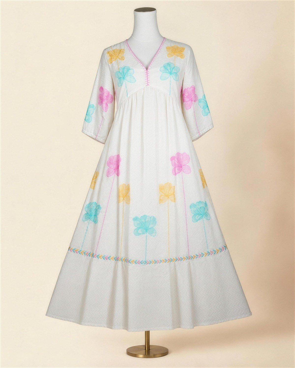Ivory Embroidered Empire-Waist Tiered Dress I