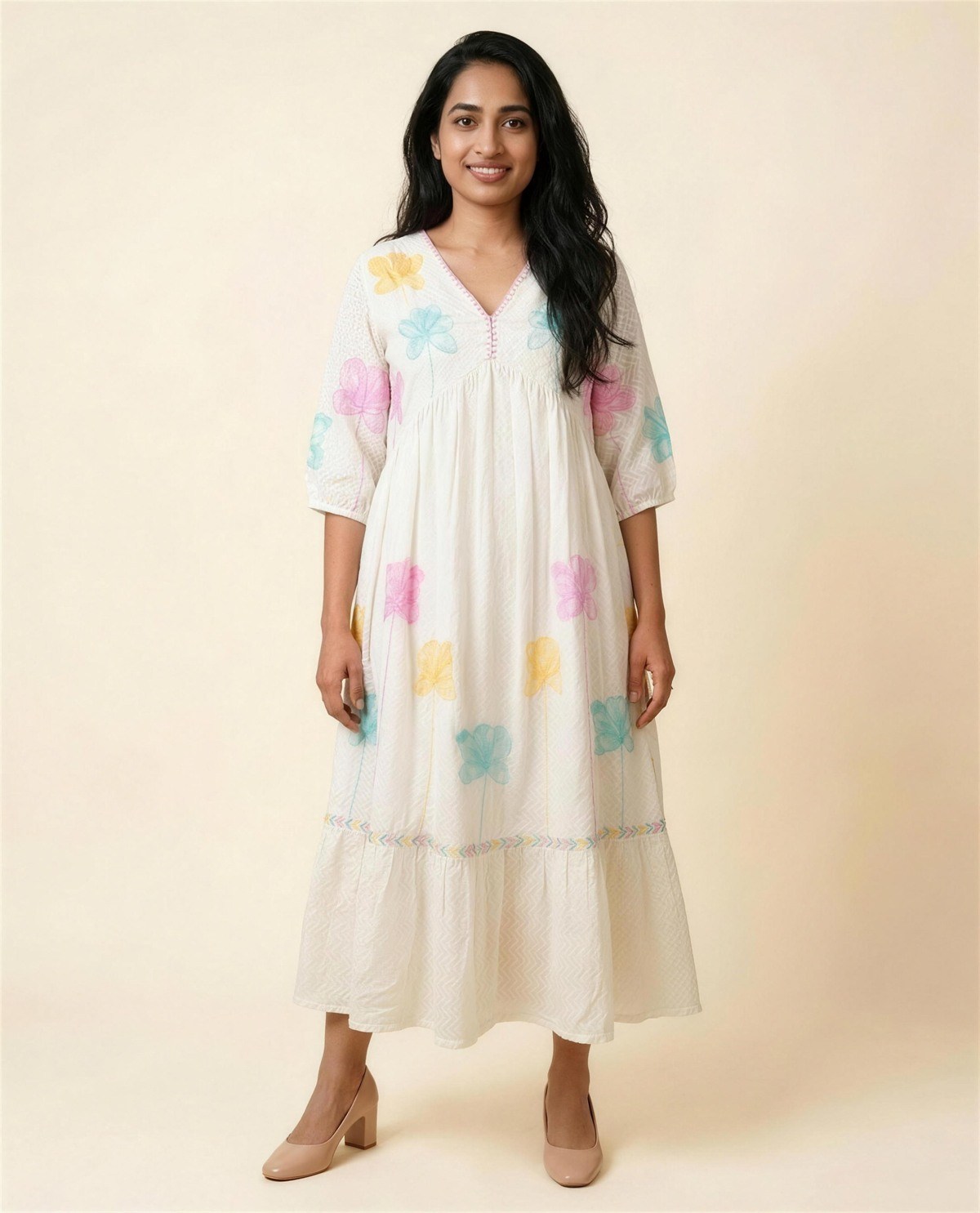 Ivory Embroidered Empire-Waist Tiered Dress I, On model