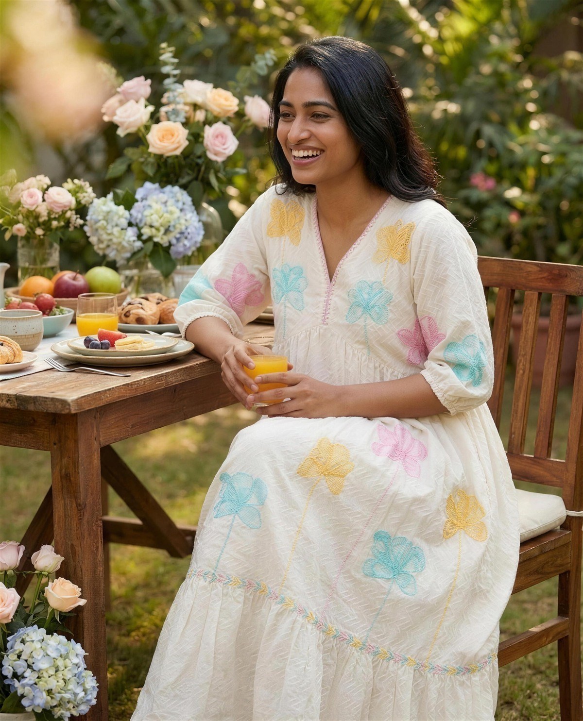 Ivory Embroidered Empire-Waist Tiered Dress I, Styled