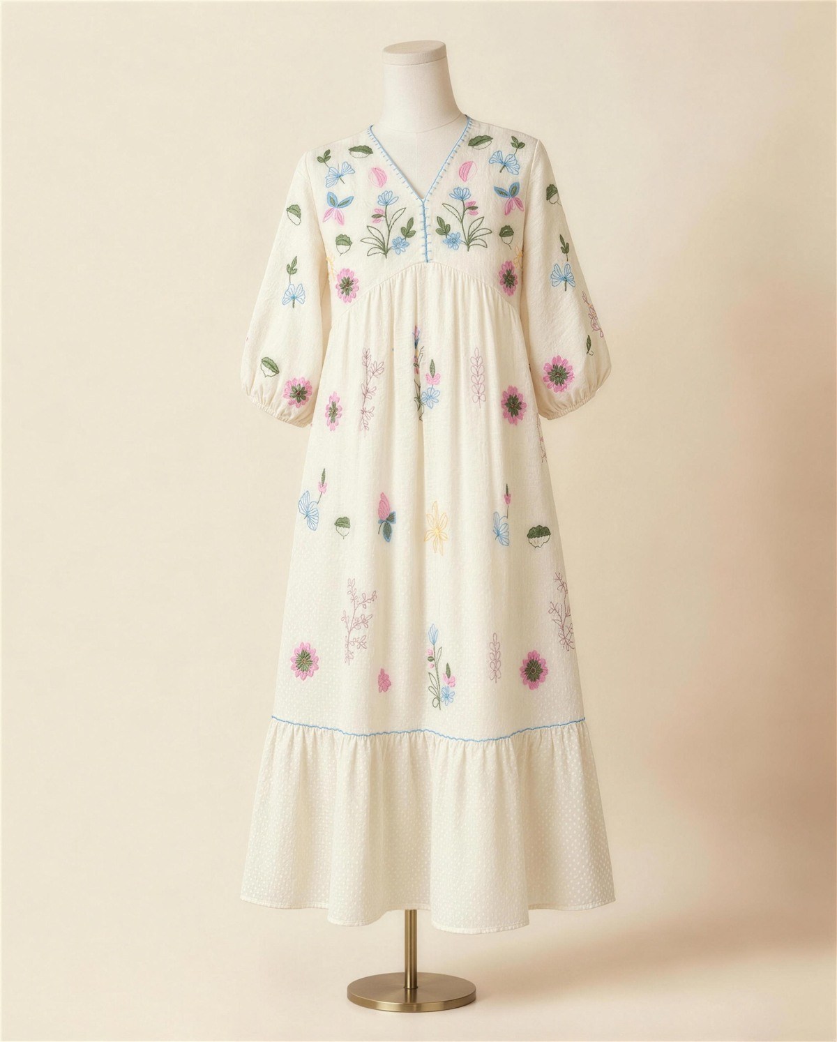 Ivory Embroidered Empire-Waist Tiered Dress II