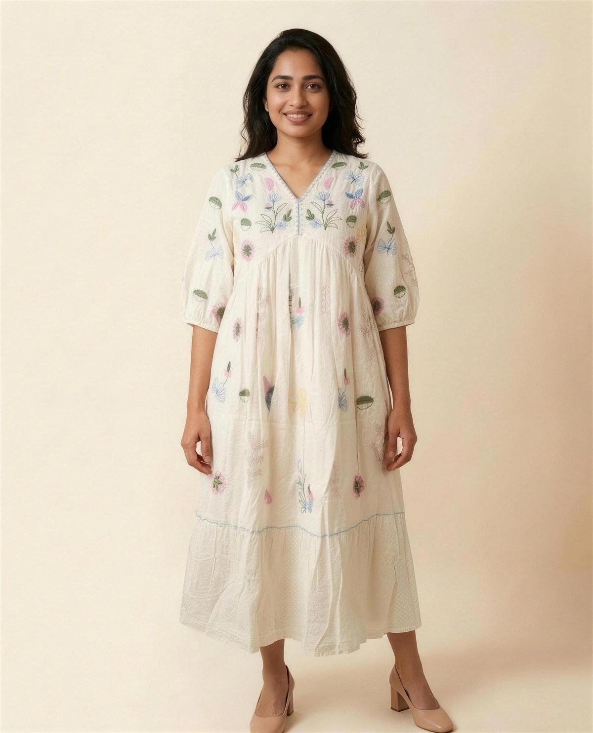 Ivory Embroidered Empire-Waist Tiered Dress II, On model