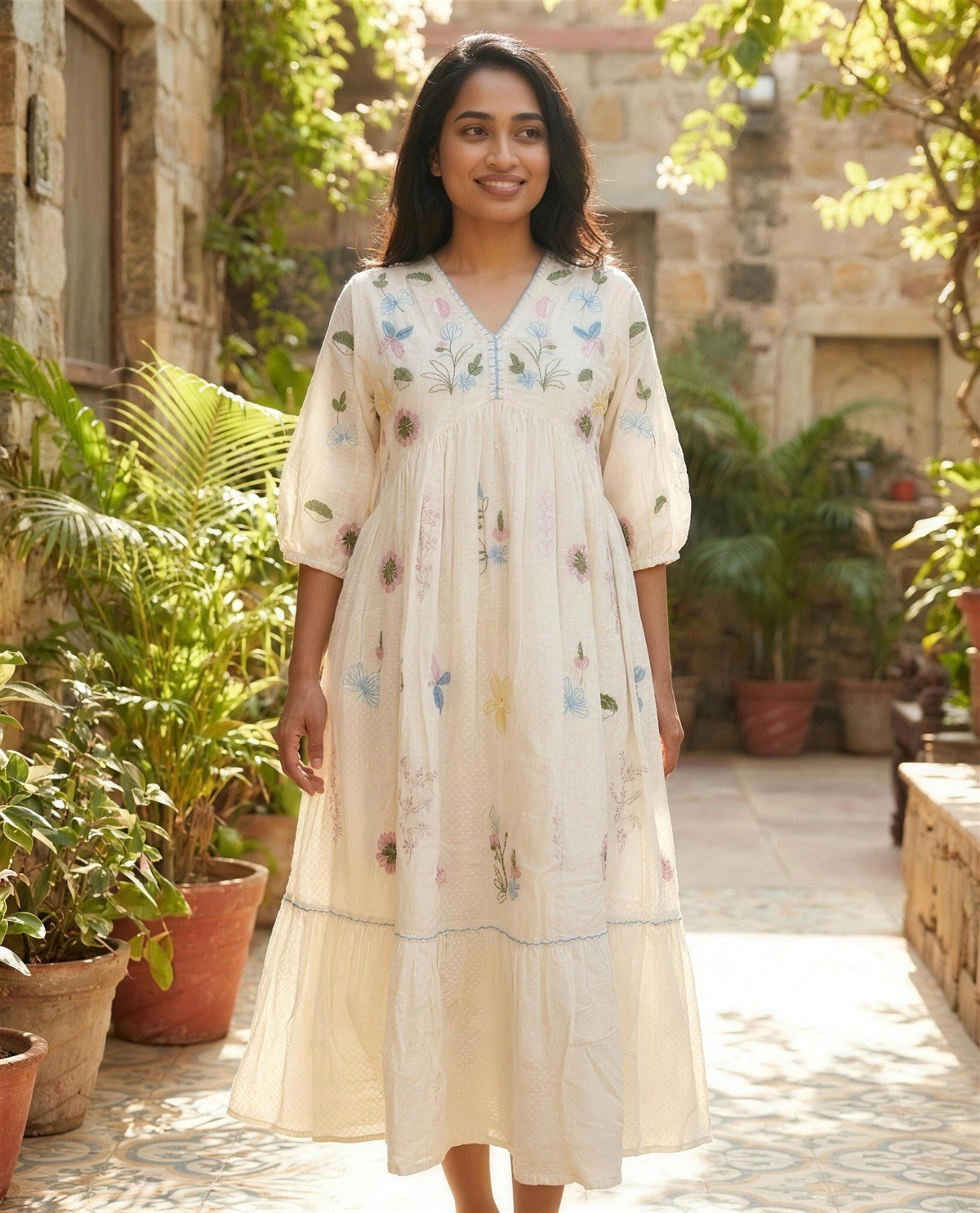 Ivory Embroidered Empire-Waist Tiered Dress II, Styled