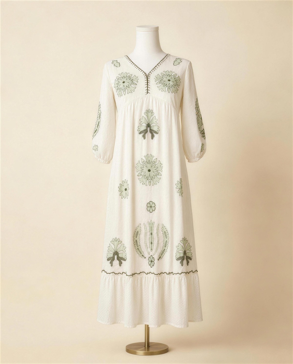 Ivory Embroidered Empire-Waist Tiered Dress III