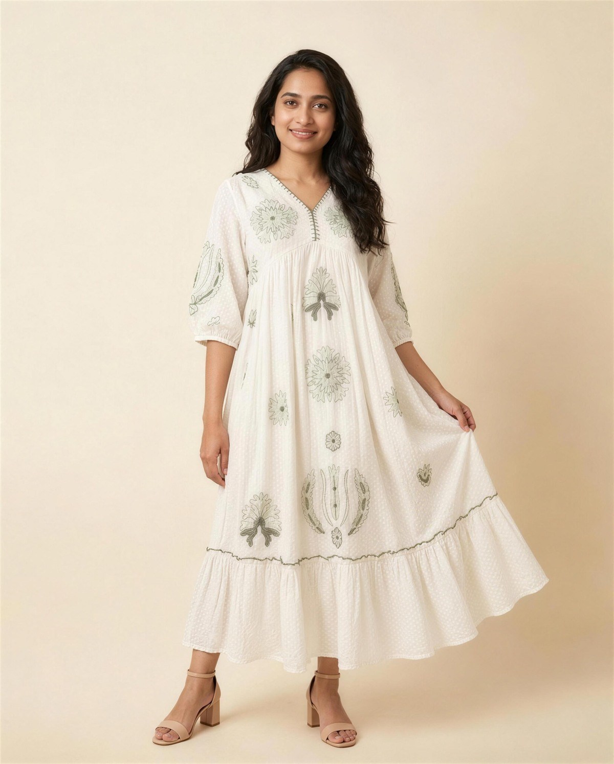 Ivory Embroidered Empire-Waist Tiered Dress III, On model