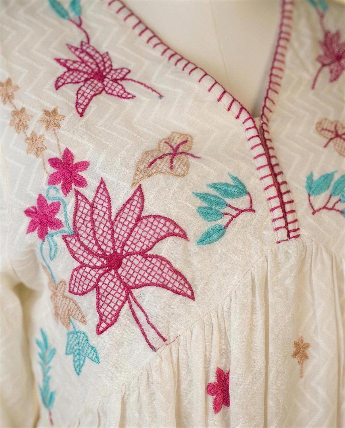 Ivory Embroidered Empire-Waist Tiered Dress IV, Detail