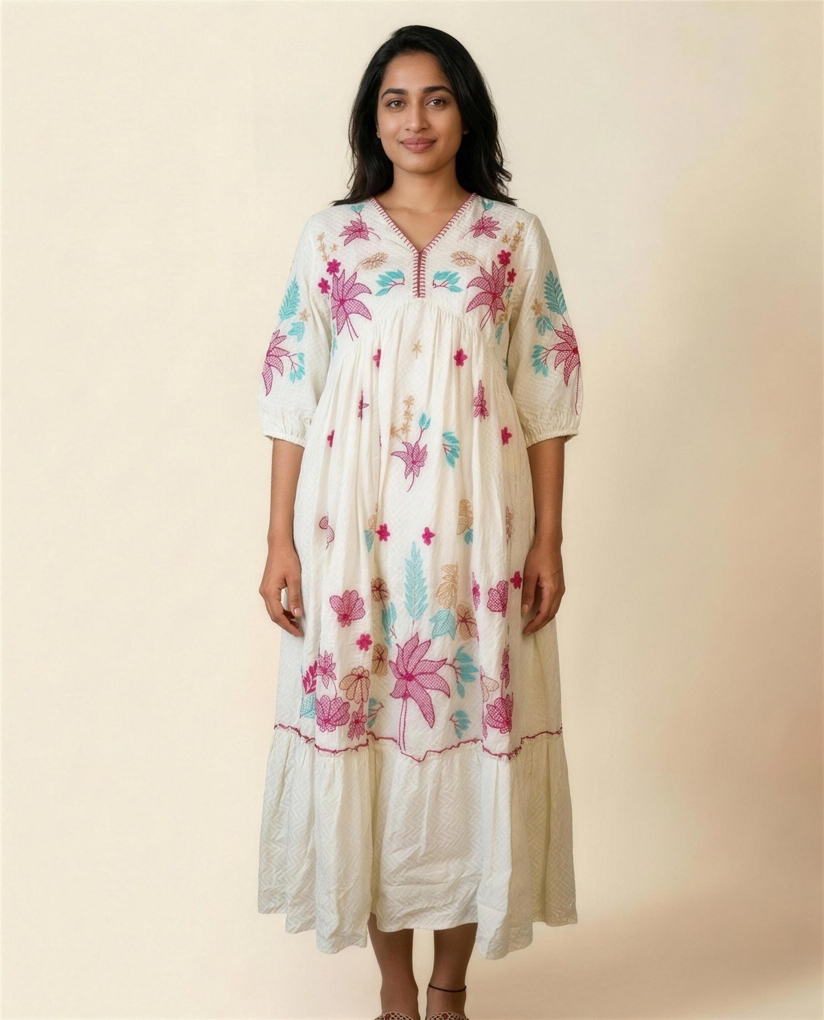 Ivory Embroidered Empire-Waist Tiered Dress IV, On model