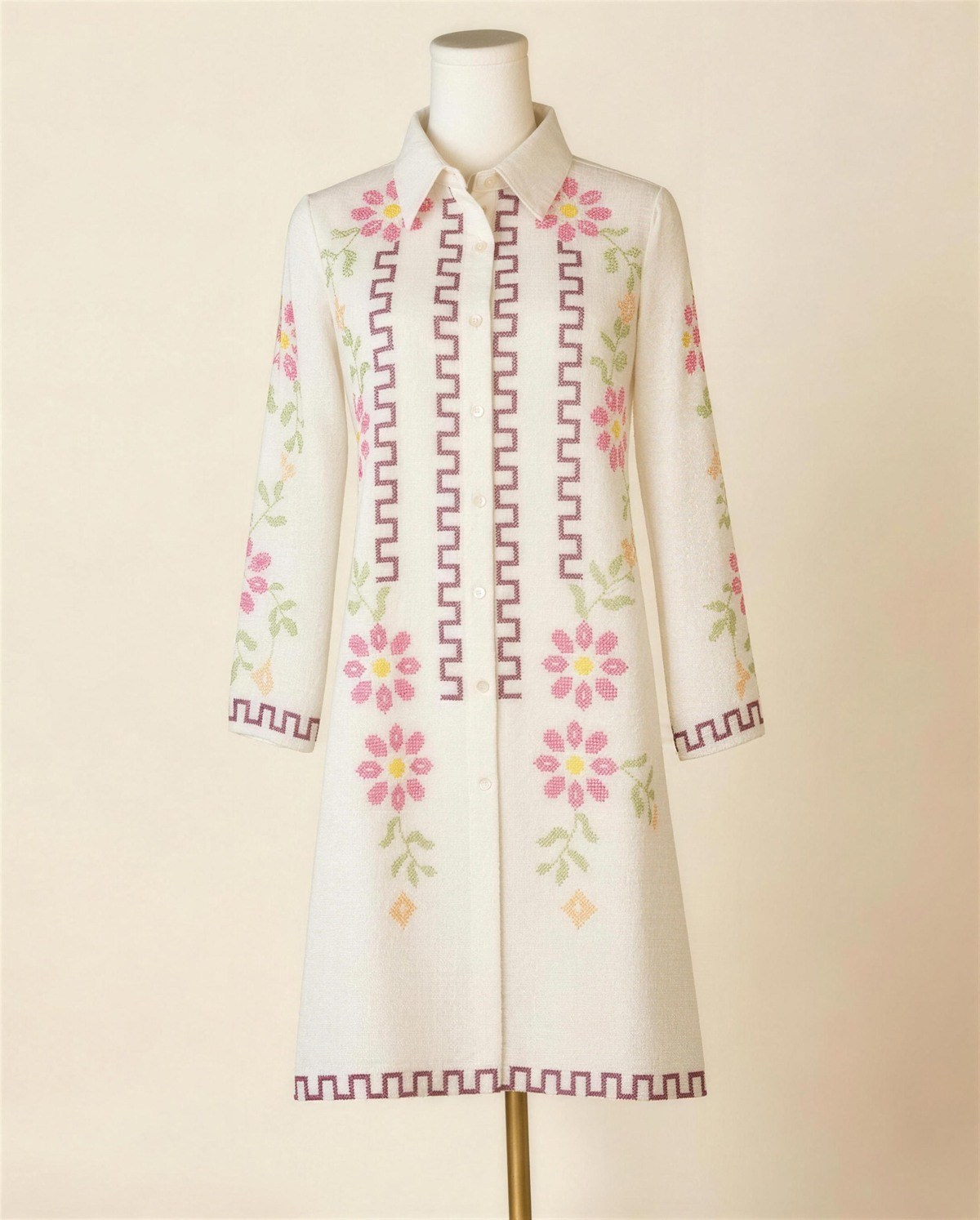 Ivory Embroidered Shirt Dress