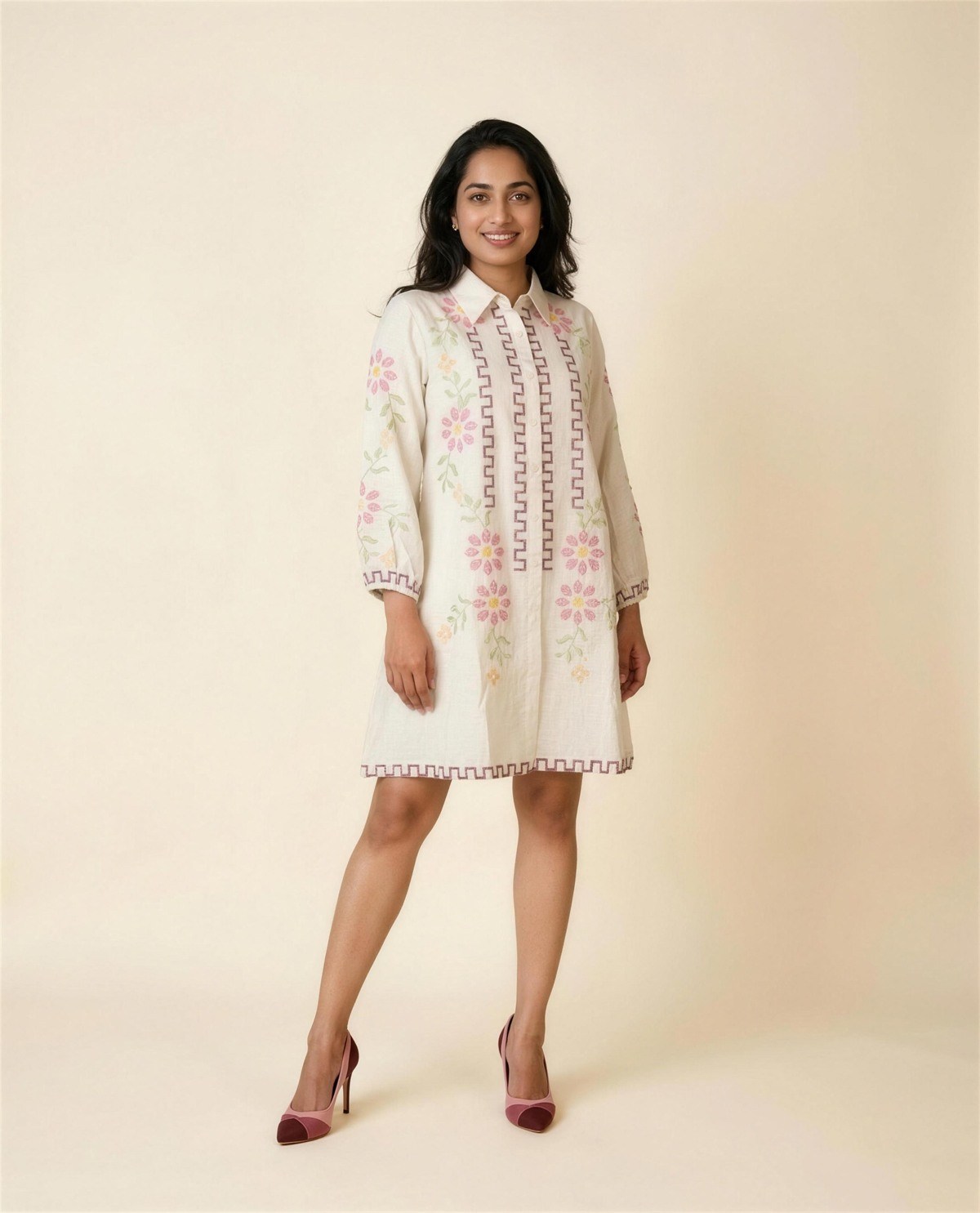 Ivory Embroidered Shirt Dress, On model