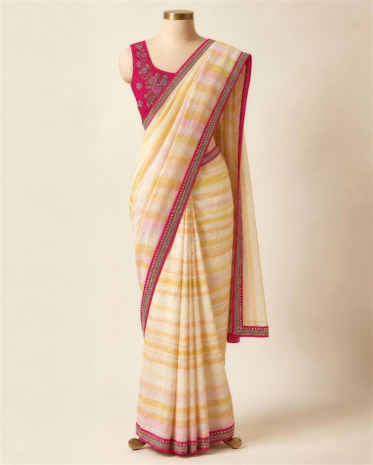 Ivory Gold Stripe Tissue Saree
