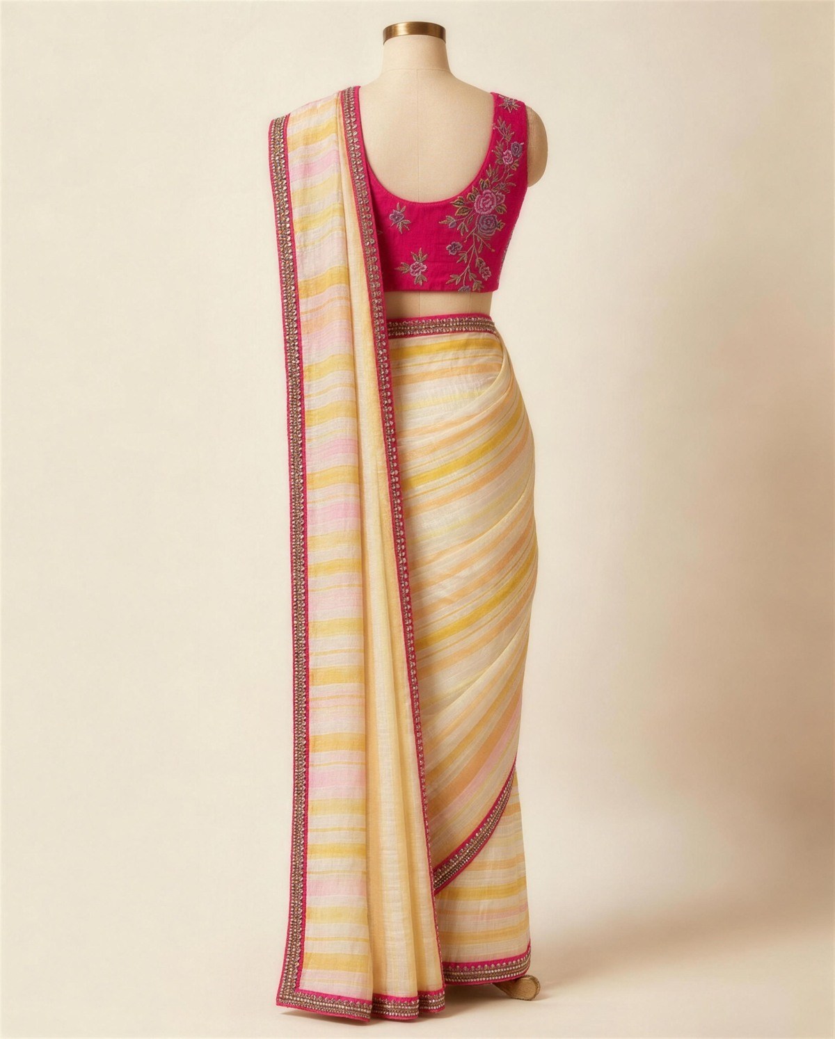 Ivory Gold Stripe Tissue Saree, Back