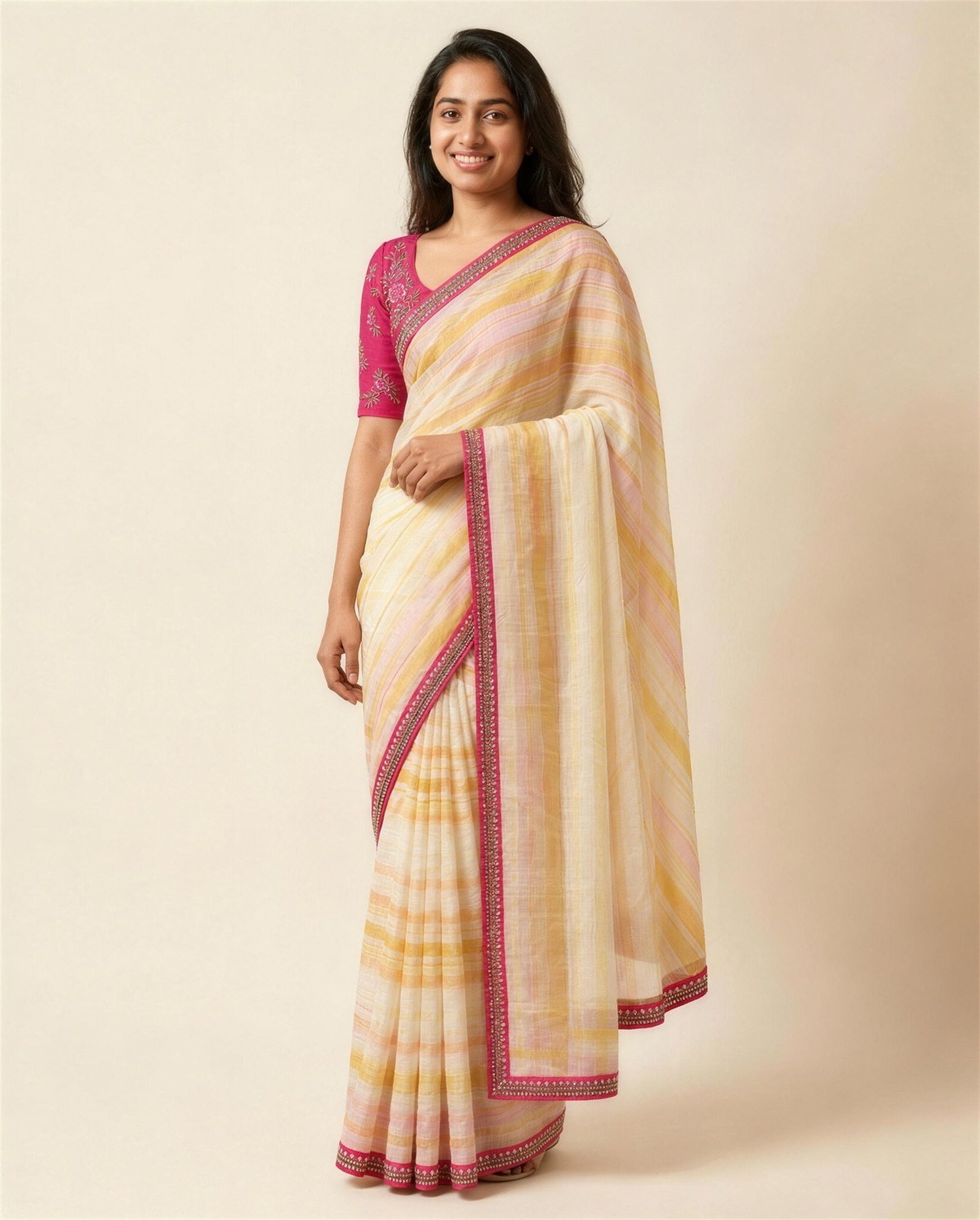 Ivory Gold Stripe Tissue Saree, On model