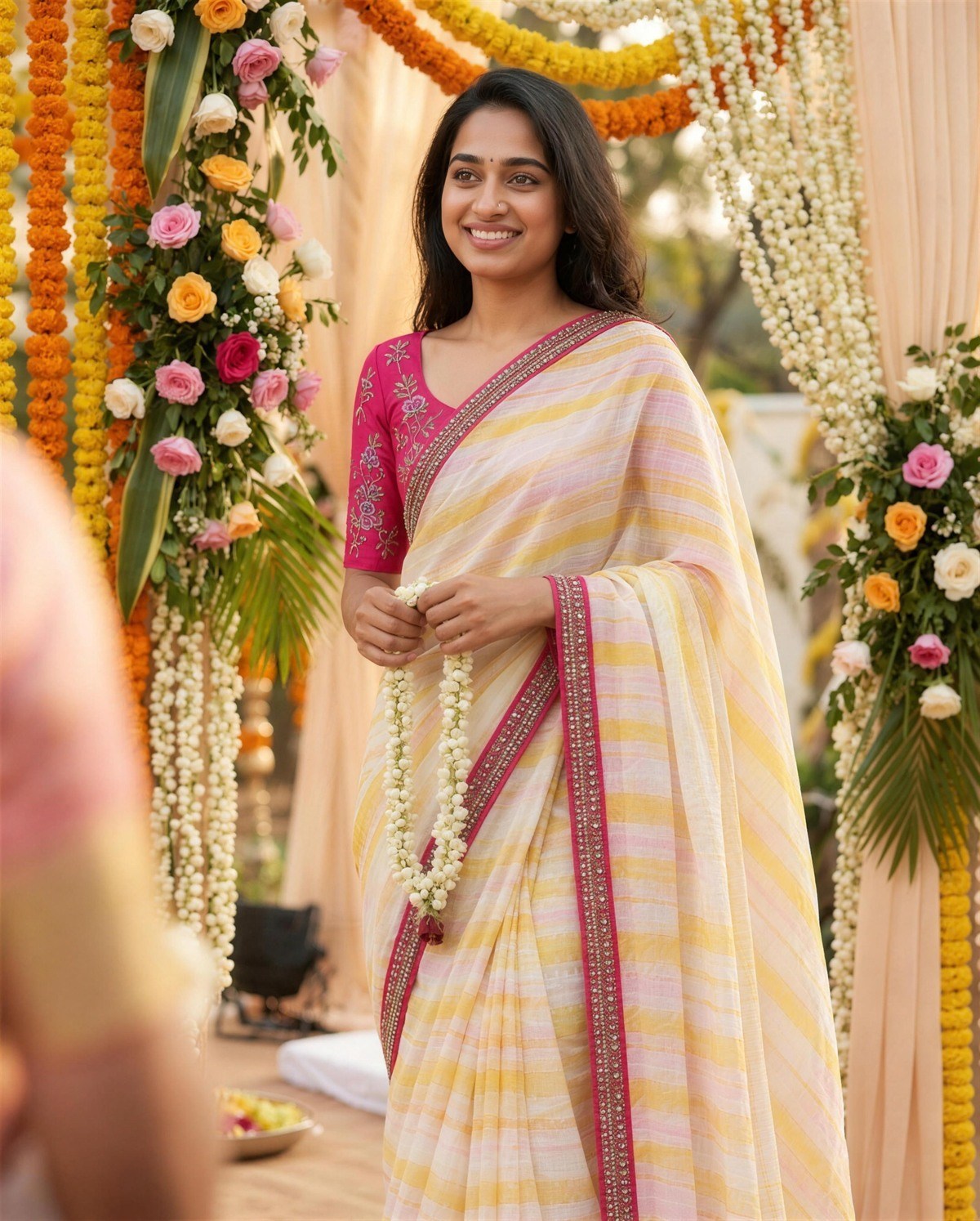 Ivory Gold Stripe Tissue Saree, Styled