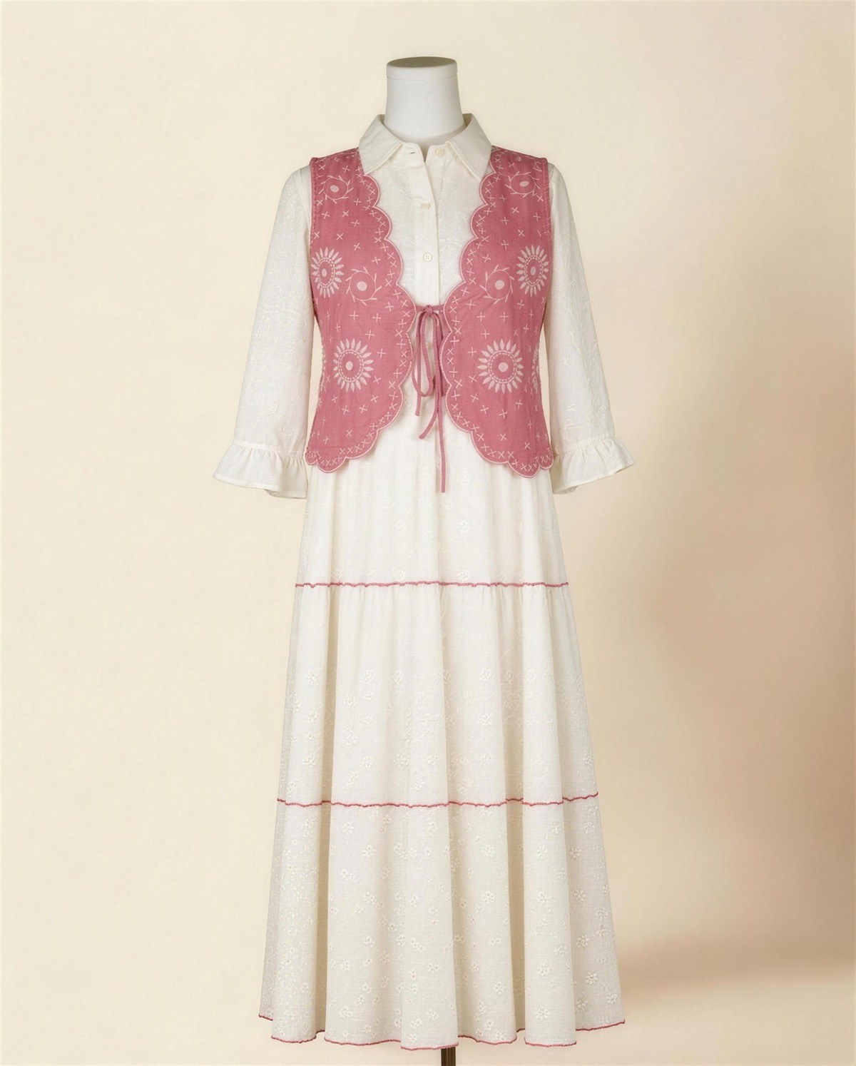 Ivory Tiered Dress with Pink Vest