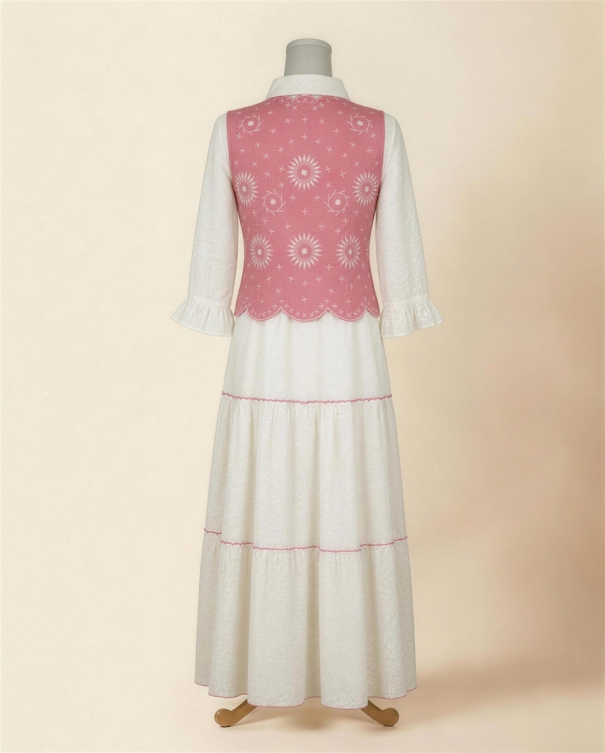 Ivory Tiered Dress with Pink Vest, Back