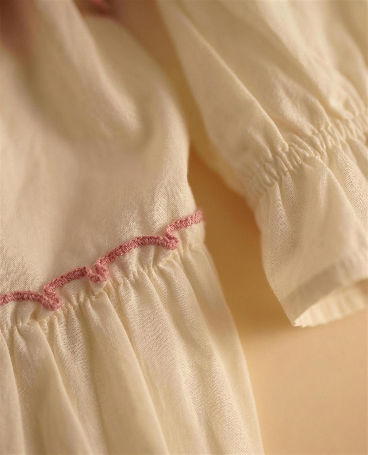Ivory Tiered Dress with Pink Vest, Detail
