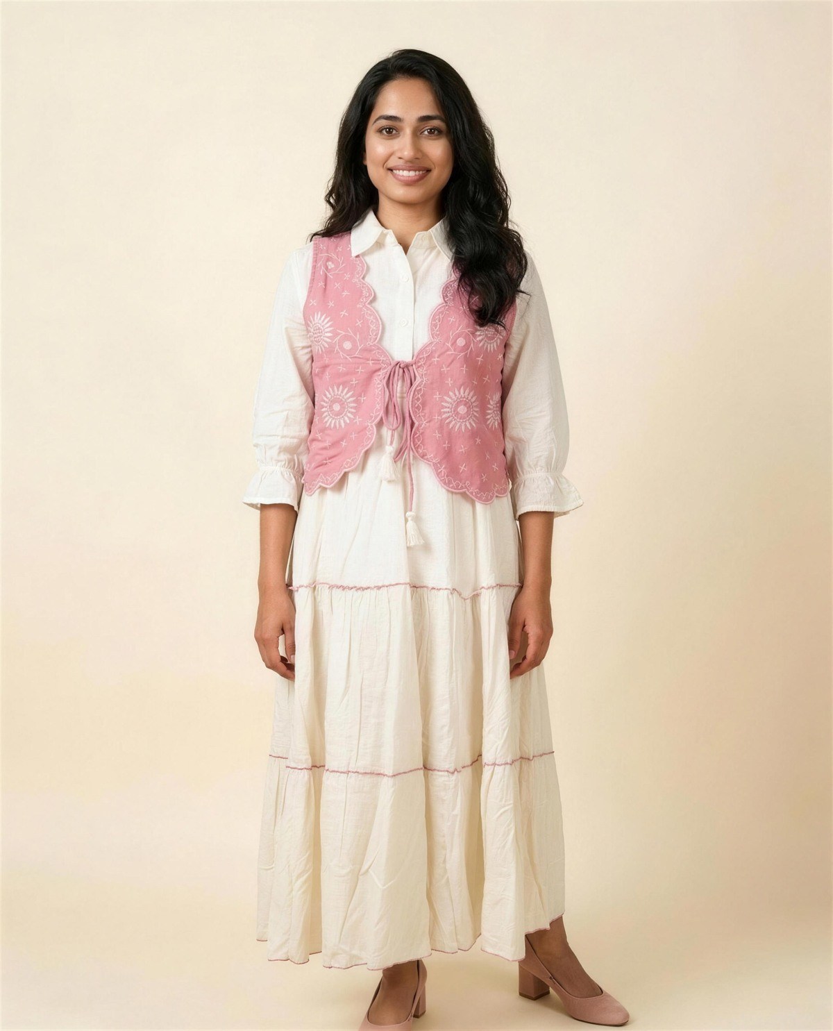 Ivory Tiered Dress with Pink Vest, On model