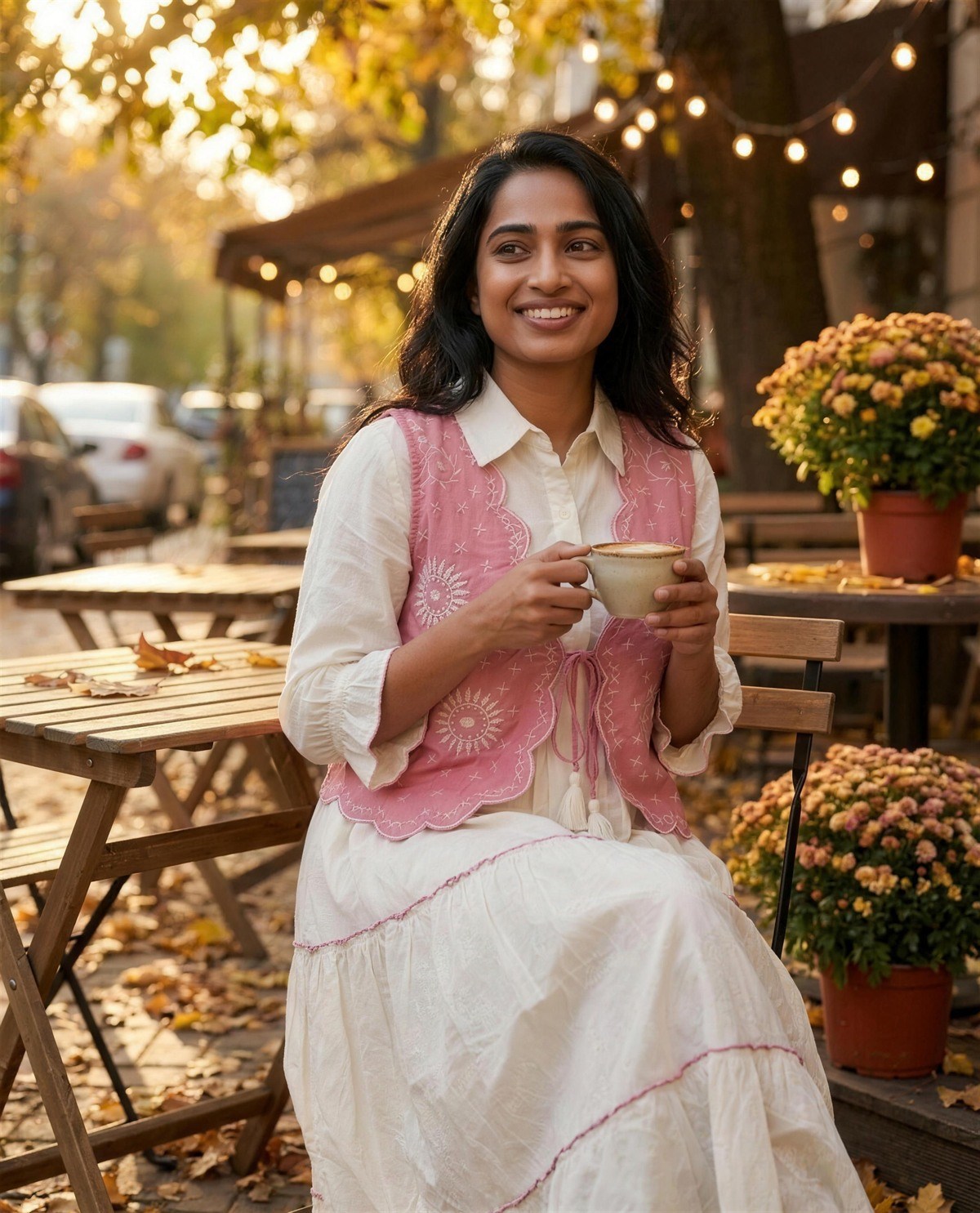 Ivory Tiered Dress with Pink Vest, Styled